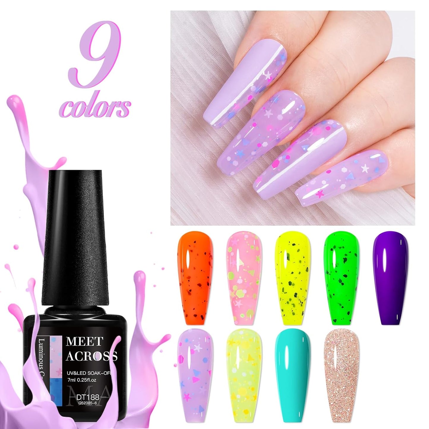 MEET ACROSS 9 Colors Gel Nail Polish + 3PCS Function Gel Nail Polish Kit,Fashion Nail Art Set Design Gifts for Women Manicure Salon (SET15, 12pcs)