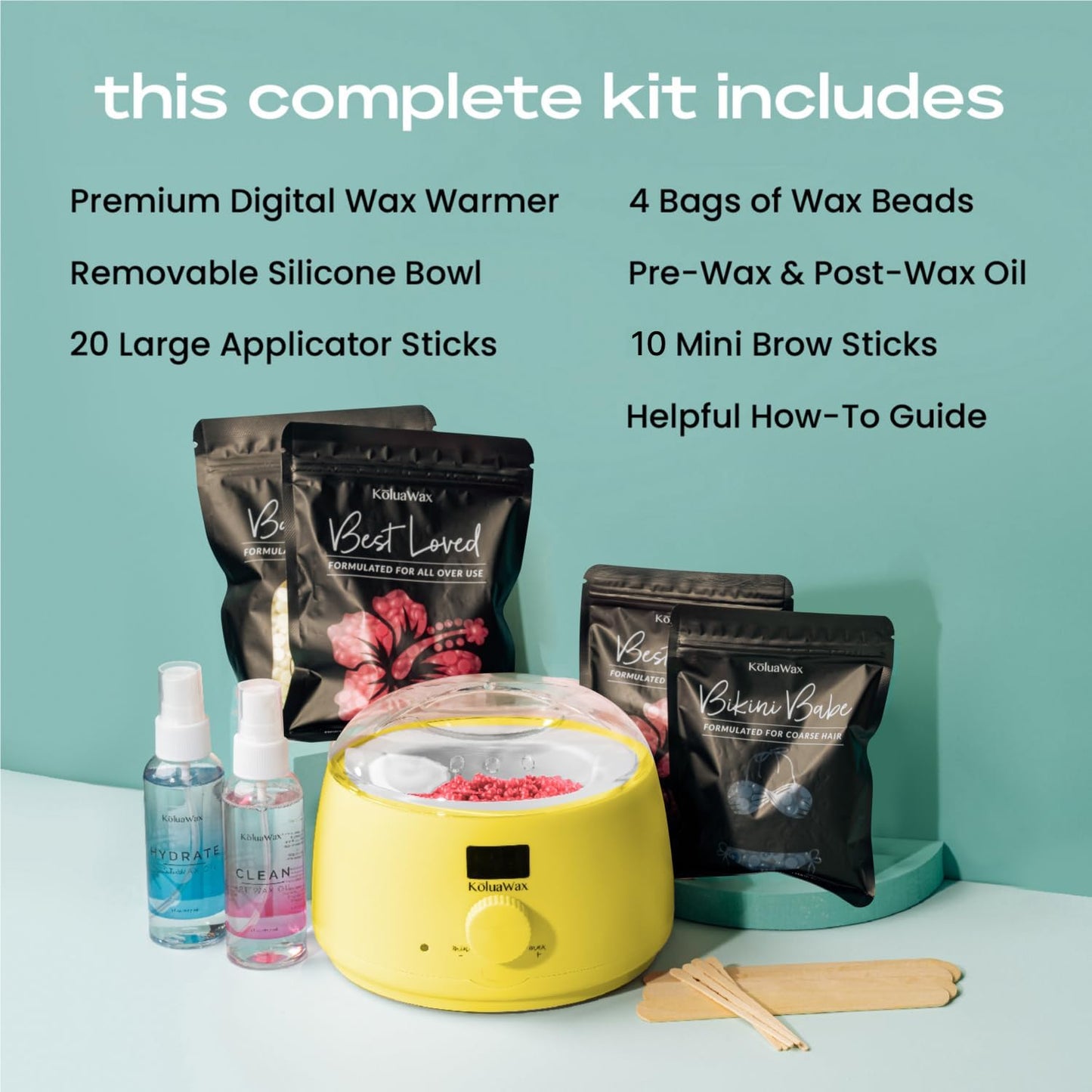 KoluaWax Premium Waxing Kit for Women - Hot Melt Hard Wax Warmer for Hair Removal, Eyebrow, Bikini, Legs, Face, Brazilian Wax - Machine, 4-Pack Beads, Accessories, Sun