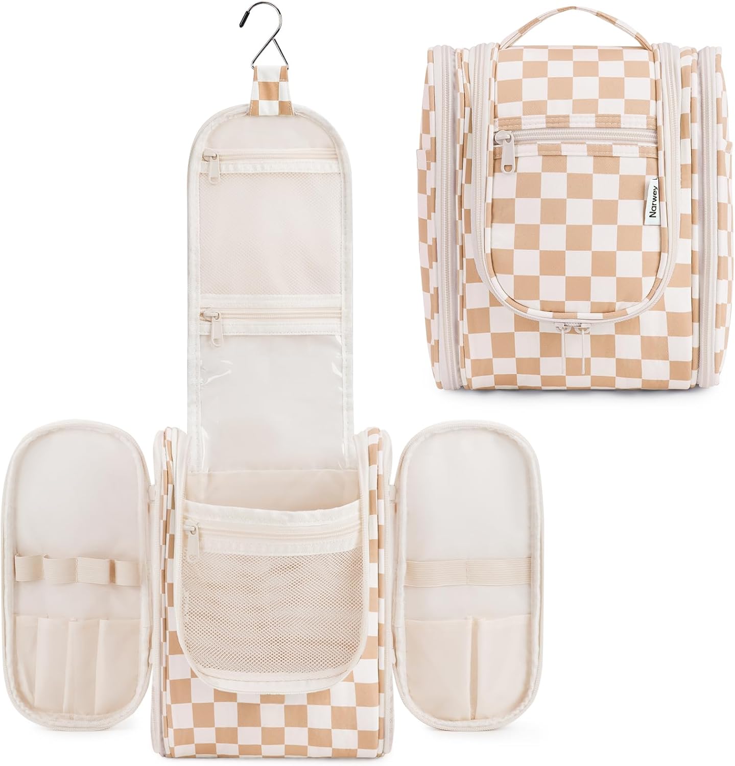 Narwey Small Checkered Hanging Travel Toiletry Bag for Women, Travel Bag for Toiletries, Makeup Bag Organizer Cosmetic Bags Make Up Bags for Women (Light Checkerboard)