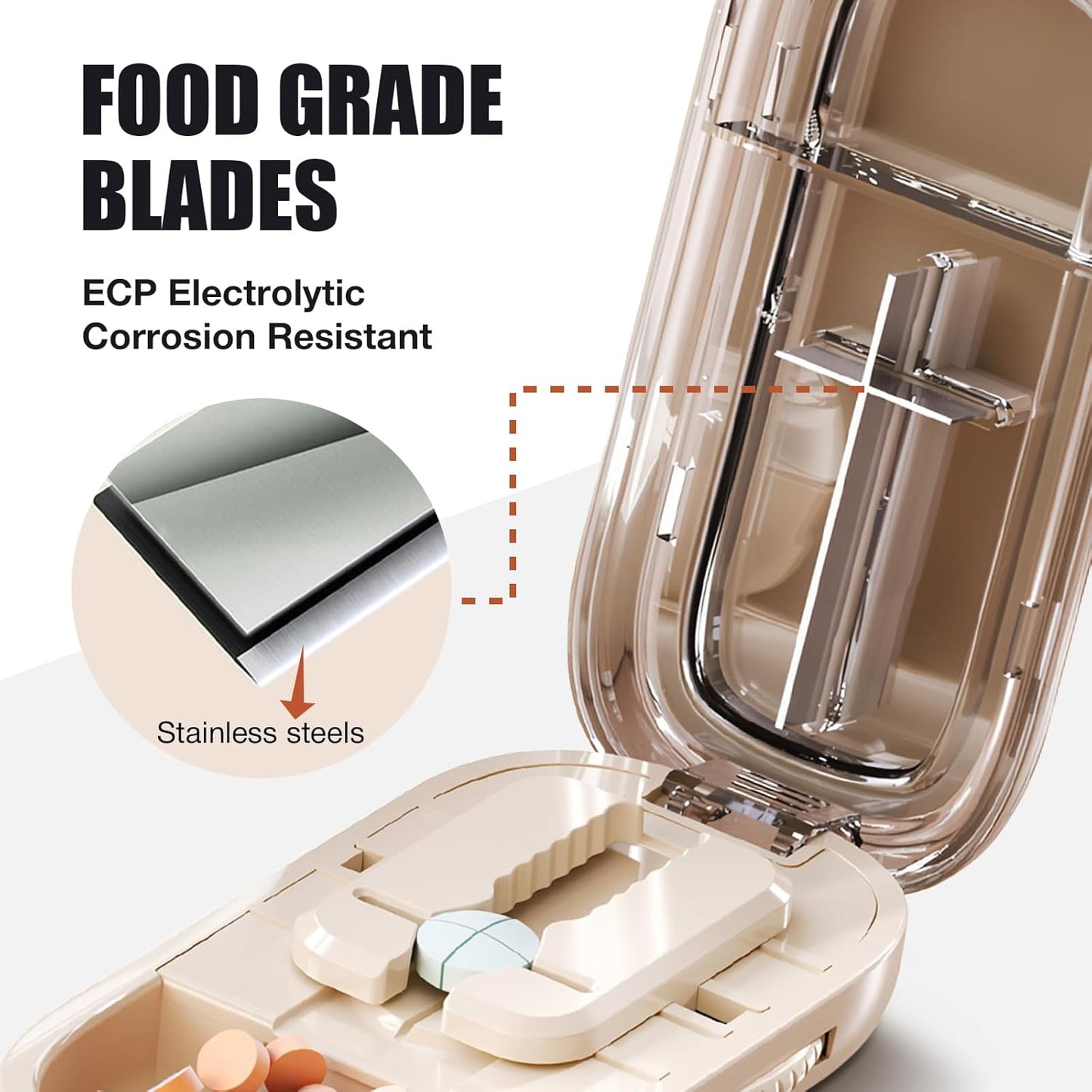 Portable Pill Cutter with Adjustable Slots – Multi Pill Splitter for Small & Large Tablets, Stainless Steel Blade, Clear Cut, Non-Slip Design, Easy to Use for Weekly Medication(Beige, 1/4)