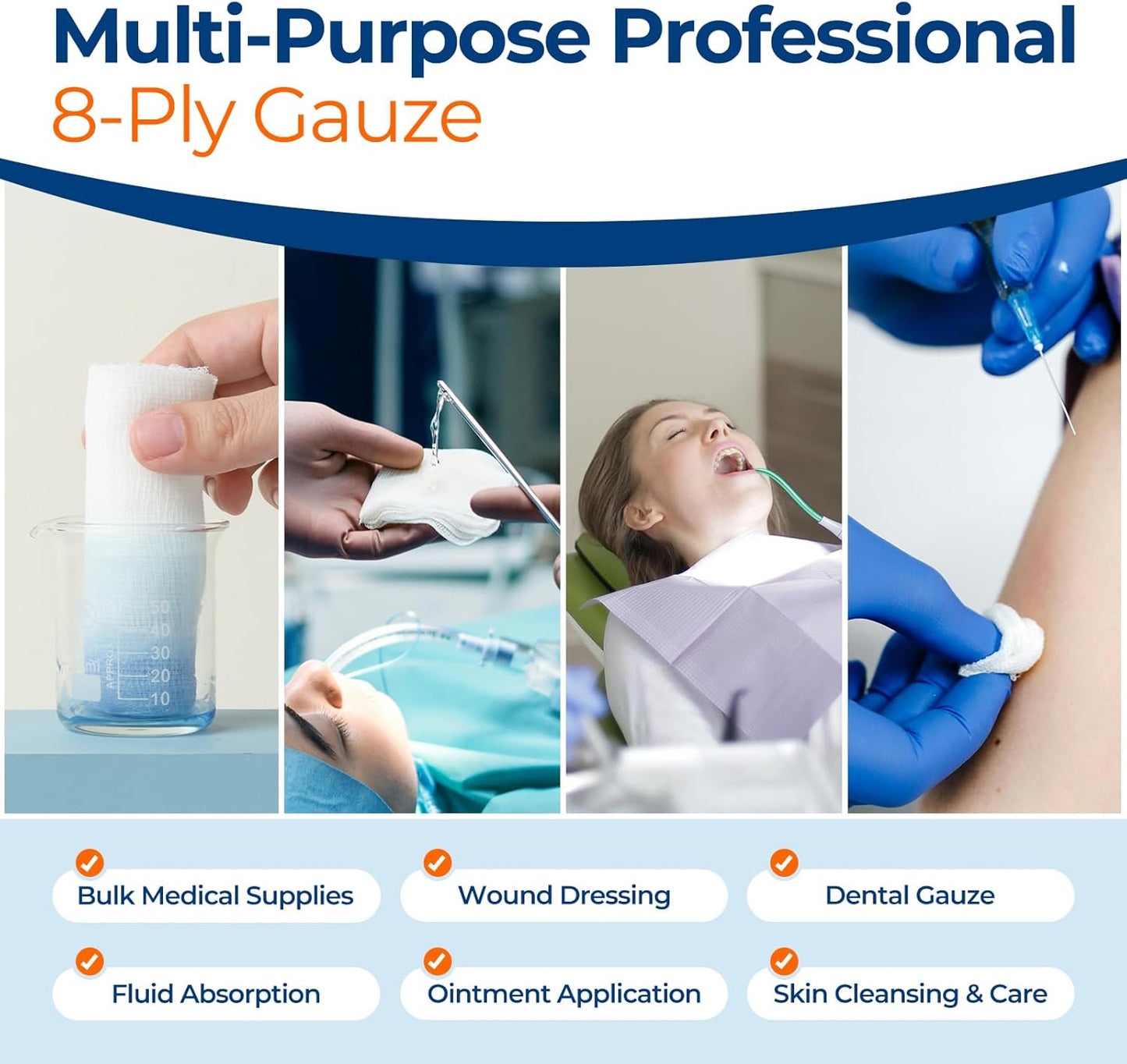 200 Pack 2x2 Inch Gauze Sponges 8-Ply, 100% Cotton Woven Gauze Pads for Wound Care, Highly Absorbent Bulk Hospital-Grade First Aid & Surgical Dressing