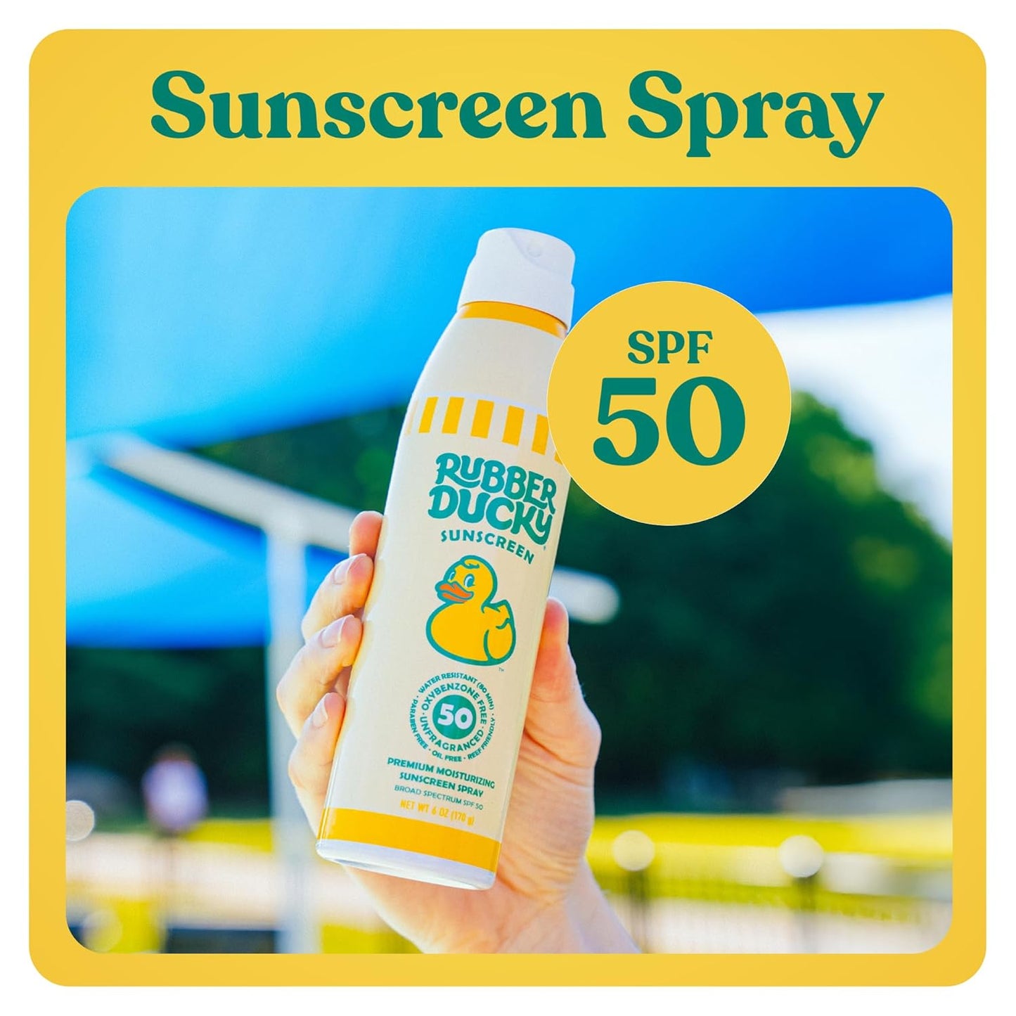 Rubber Ducky - Moisturizing Sunscreen Spray SPF 50, Easy To Apply, No White Residue, Reef Safe, Sun Protection, Water Resistant, Vegan, Broad Spectrum Sunscreen for Face and Body - Beach Scent (6 Oz)