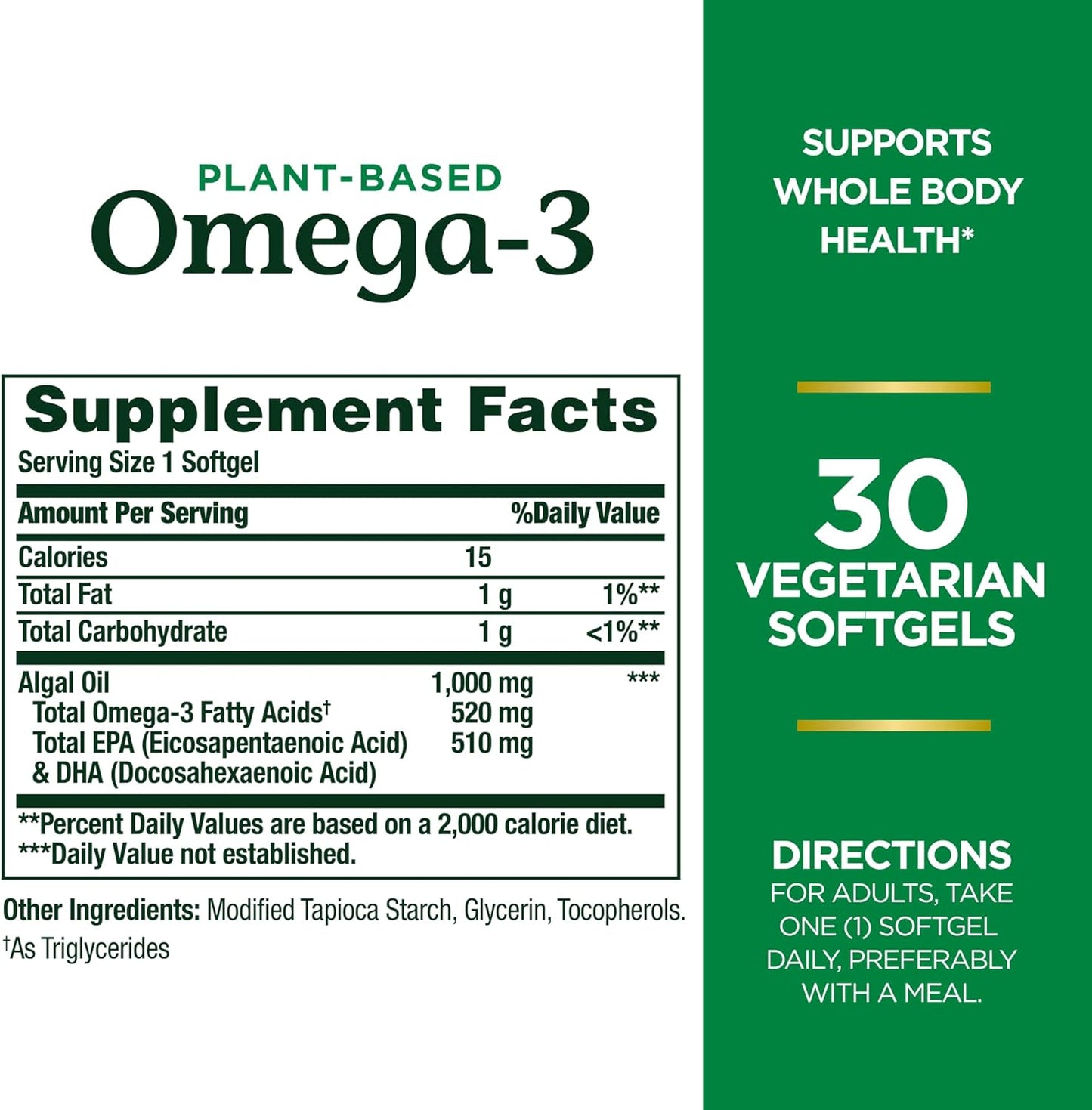 Nature's Bounty Omega 3, Plant-Based Omega 3 Fatty Acid Suppement, 1000mg, Supports Whole Body Health Including Heart, Skin, Joint, 30 Vegetarian Softgels, Fish Oil Alternative