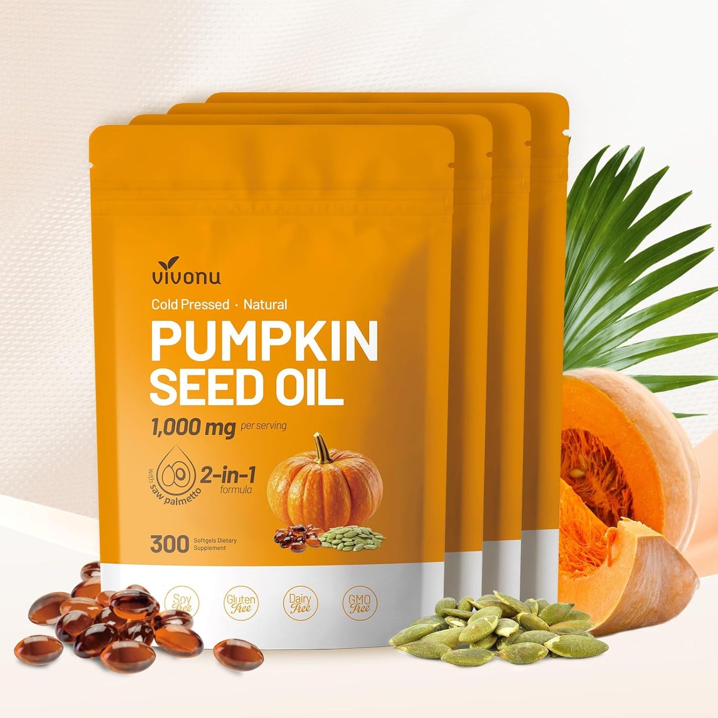 Pumpkin Seed Oil with Saw Palmetto Capsules | Cold Pressed, Pure Virgin Oil, Essential Fatty Acids & Phytosterols | 300 SoftgelsSupports Hair, Urinary, Bladder & Prostate Health, Non-GMO