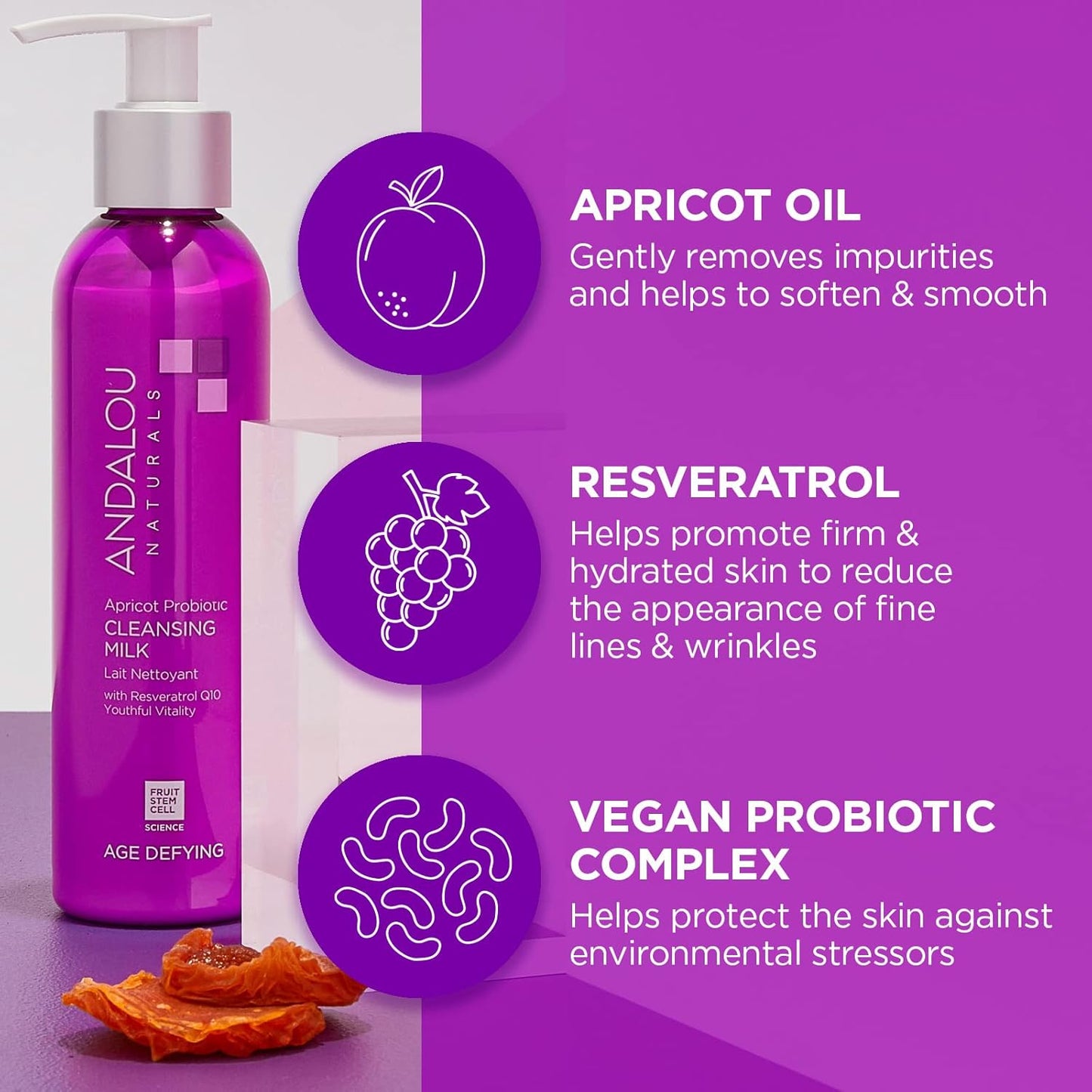 Andalou Naturals Age Defying Apricot Probiotic Cleansing Milk | Gentle Daily Hydrating Face Cleanser For Dry, Dehydrated Skin| With Fruit Stem Cell Complex | 6 fl oz