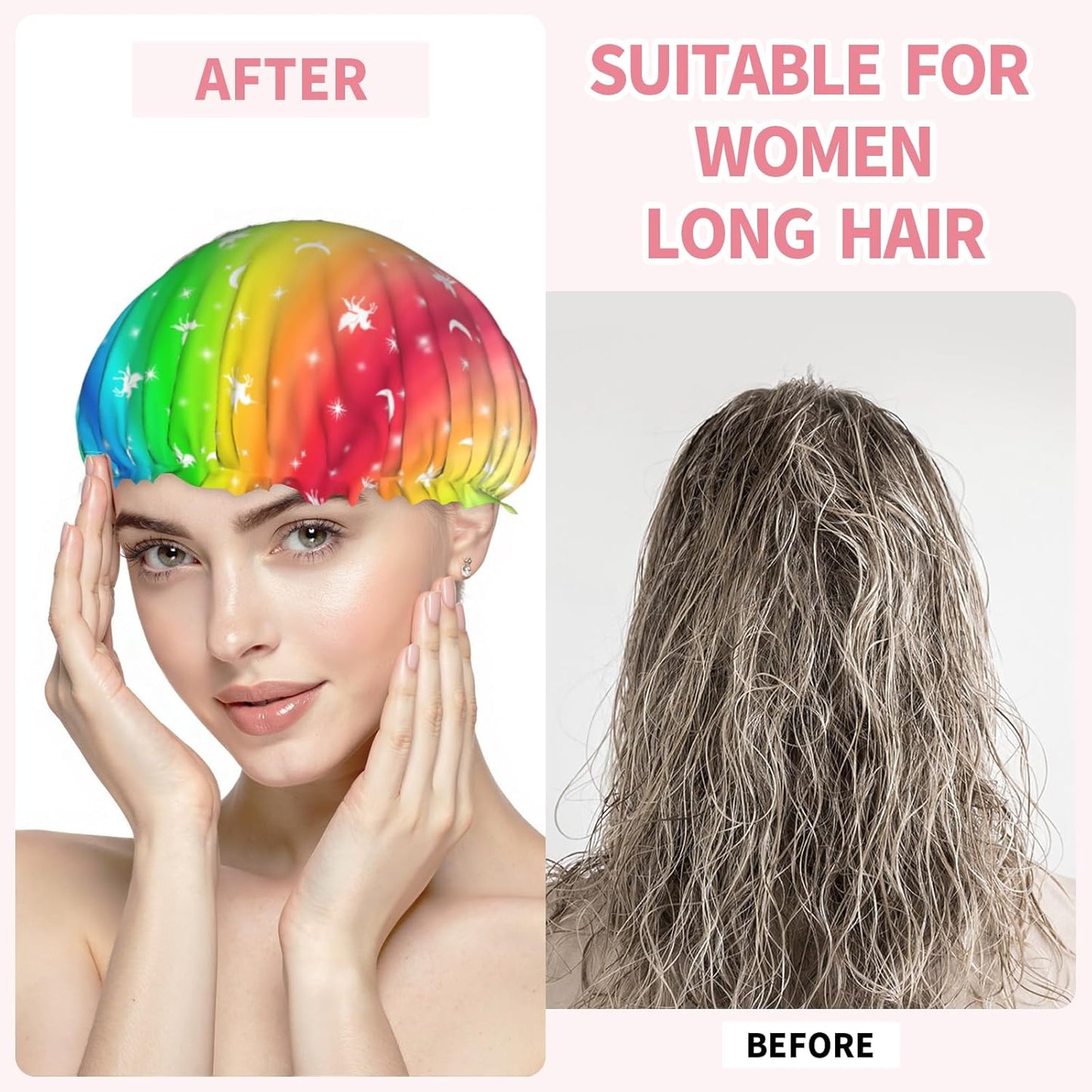 Rainbow Shower Caps Colorful Dual-Layer Waterproof Bath Hat Reusable Hair Caps Elastic Hair Hat for Shower Cooking Clean Makeup Travel