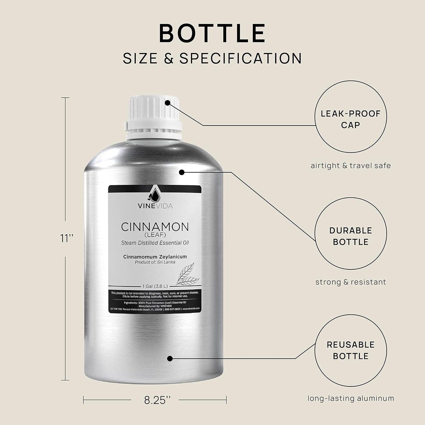 VINEVIDA Cinnamon Leaf Essential Oil - Gallon Cinnamon Oil Undiluted - Bulk Gallon Essential Oil for Soap Making Safe for Skin - DIY Candle Scents for Candlemaking Scents - 8 lbs Cinnamon Oil