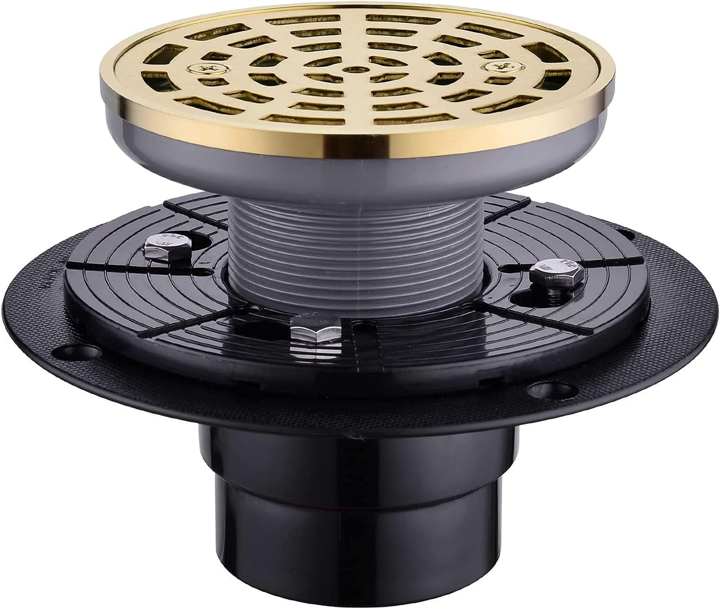 RANDOM Round Shower Drain SUS304 Stainless Steel Brushed Gold Shower Drain 4 inch with Adjustable PVC Base Flange,Shower Floor Drain with Removable Cover Grid Grate