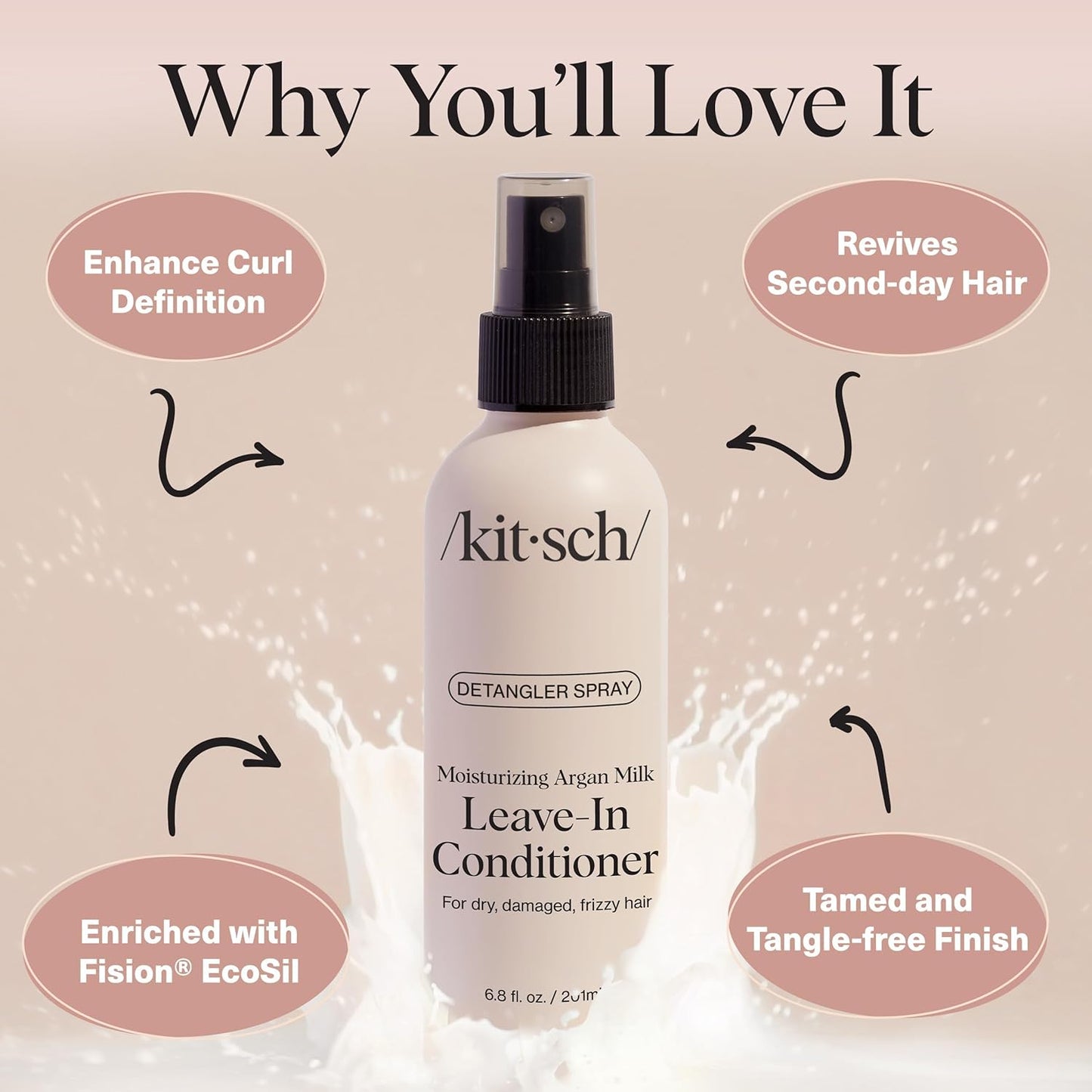Kitsch Argan Milk Leave In Conditioner Spray – Hair Detangler Spray for Curly, Wavy, Fine, Dry & Damaged Hair - Silicone-Free | Ideal Gifts for Women - 6.8oz