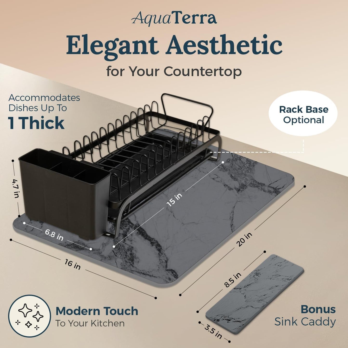 AquaTerra Diatomaceous Earth Drying Mat with Matching Sponge Caddy & Dish Rack | 3-Piece Set (Dark Gray Marble, Large) | Heat-Resistant & Multi-Purpose for Drying and Kitchen Organization