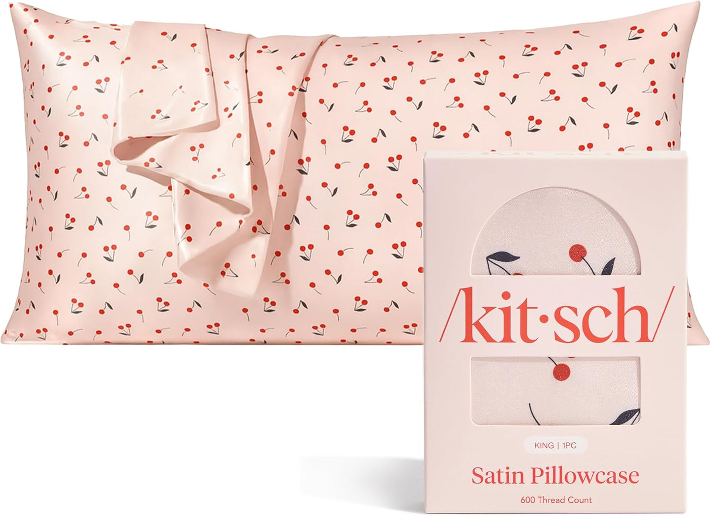 Kitsch Satin Pillowcase, Softer Than Silk Pillow Cases King, Cooling Pillow Covers, Satin Pillowcase with Zipper for Hair, Skin & Quality Sleep, Wrinkle-Free & Smooth, King Size 19"x36", Cherry Print