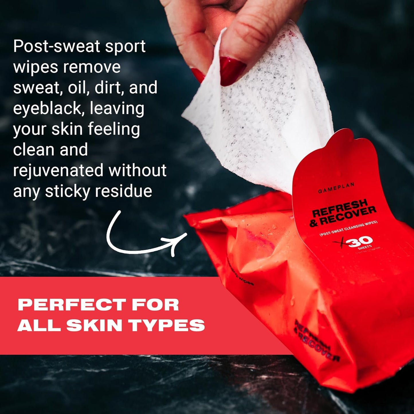 GamePlan Post-Sweat/Workout Sport Face & Body Wipes, Removes Sweat, Dirt, Oil, and Eyeblack, Durable, Biodegradable, Non-Sticky, Cleans and Moisturizes Your Skin - 2 Pack