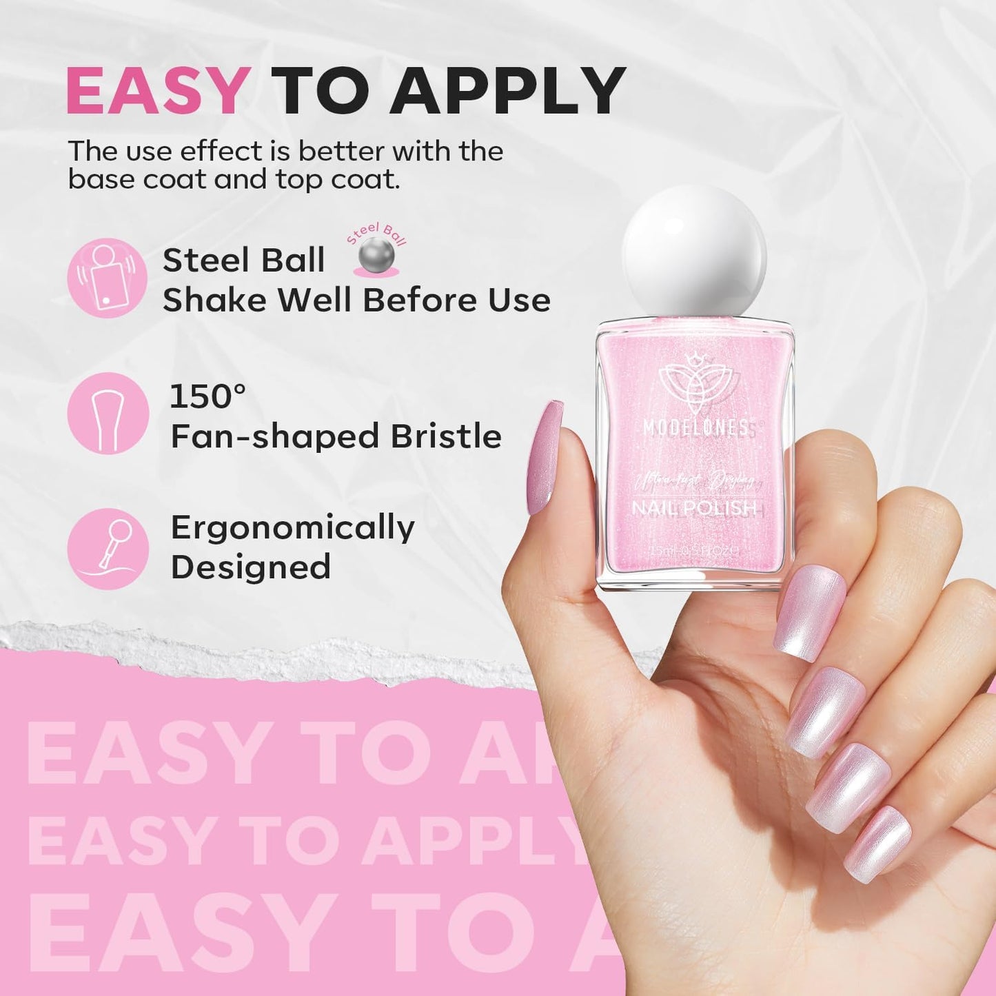 modelones Glazed Pink Nail Polish, Shimmer Pearl Pink 15 ml Quick Dry Nail Lacquer Strengthener Long Last Shine Fingernail Toe Nail Art DIY Home Travel Manicure Gift for Women Girls 0.5 Fl Oz