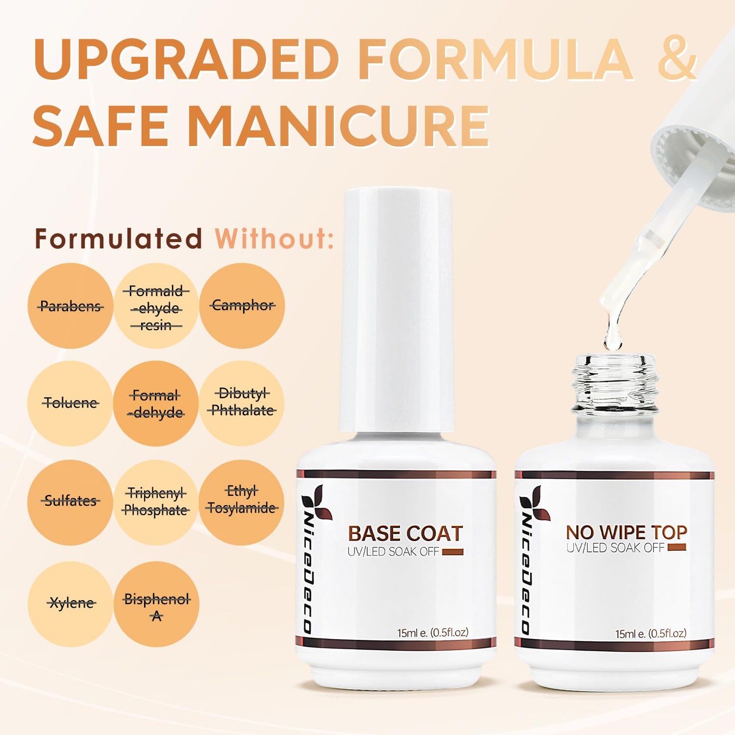 Nicedeco Hema Free No Wipe Gel Top Coat and Base Coat Set 2 Pcs 15ml Low Odor Cruelty Free Vegan Gel Nail Polish Glossy Shine Long Lasting Gel Base Top Coat