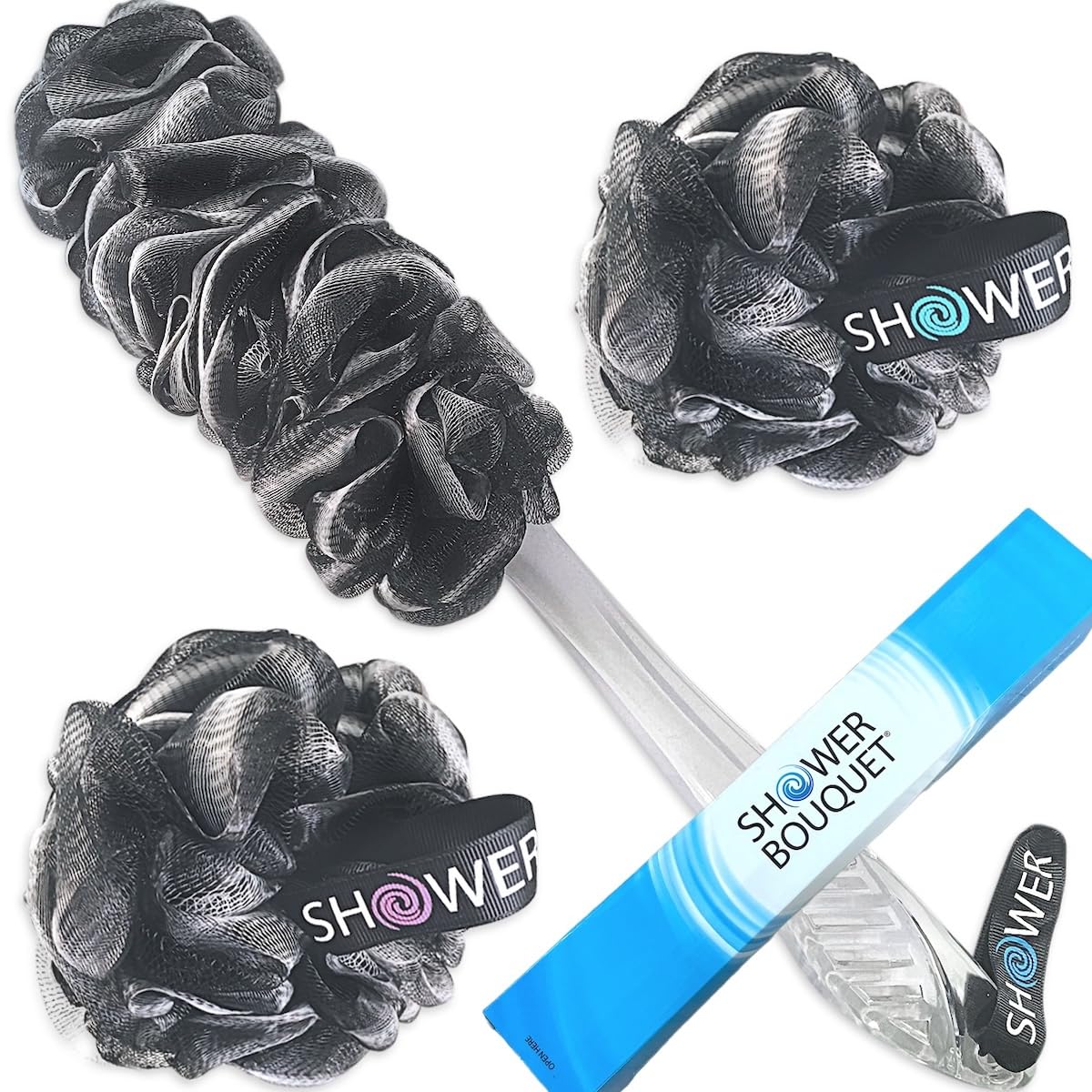 SHOWER BOUQUET Loofah-Charcoal Back-Scrubber & Bath-Sponge Set // 1 Long-Handle-Back-Brush Plus 2 Extra Large 75g Soft Mesh Loofa-Lufa-Loufa Puff Poufs, Men & Women - Exfoliate with Full Pure Cleanse