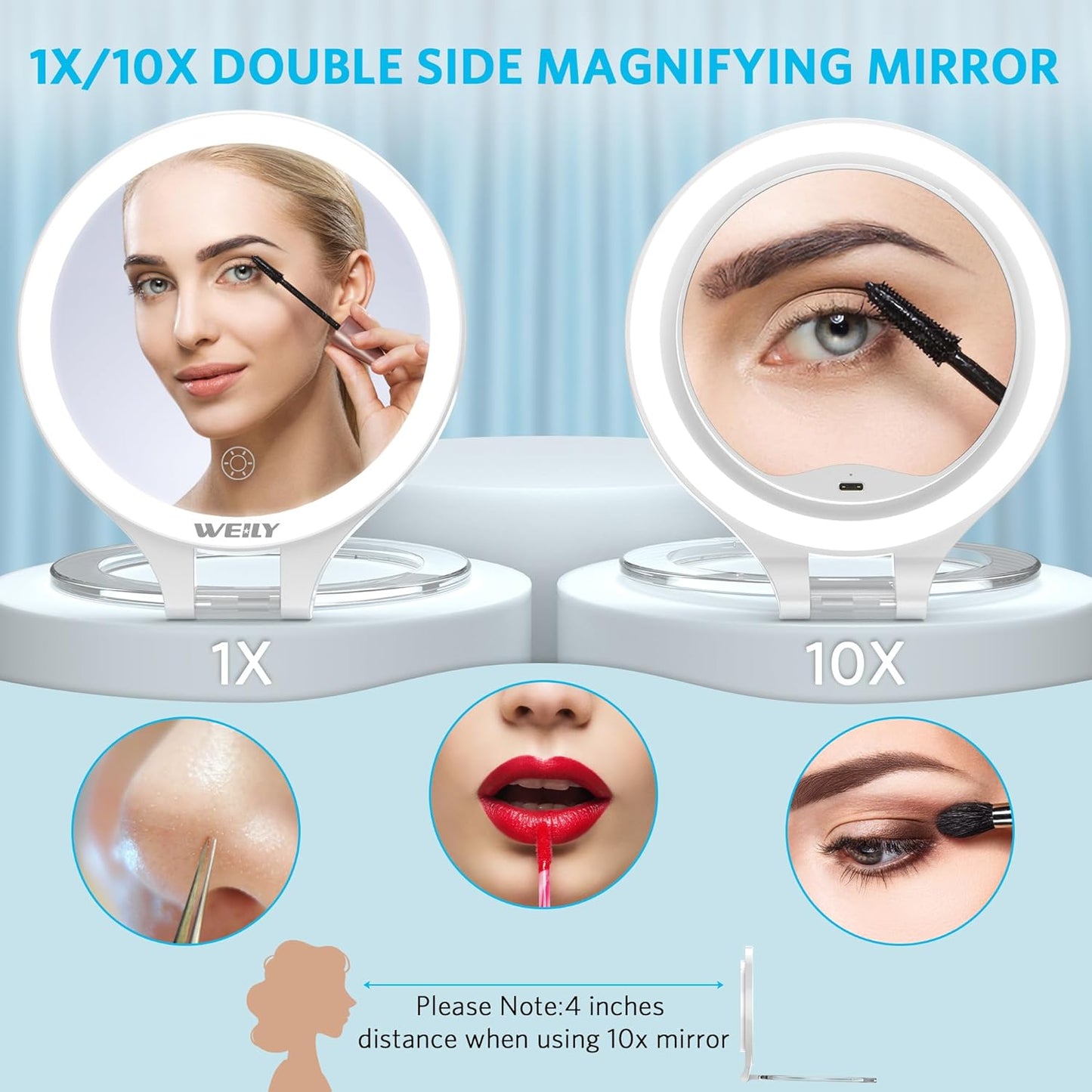 WEILY Magnifying Mirror with Light, 10X/1X Magnification Double-Sided Travel Makeup Mirror, with 3 Color Lights, Touch Control, Rechargeable Portable Mirrors for Bedroom, Bathroom (White)