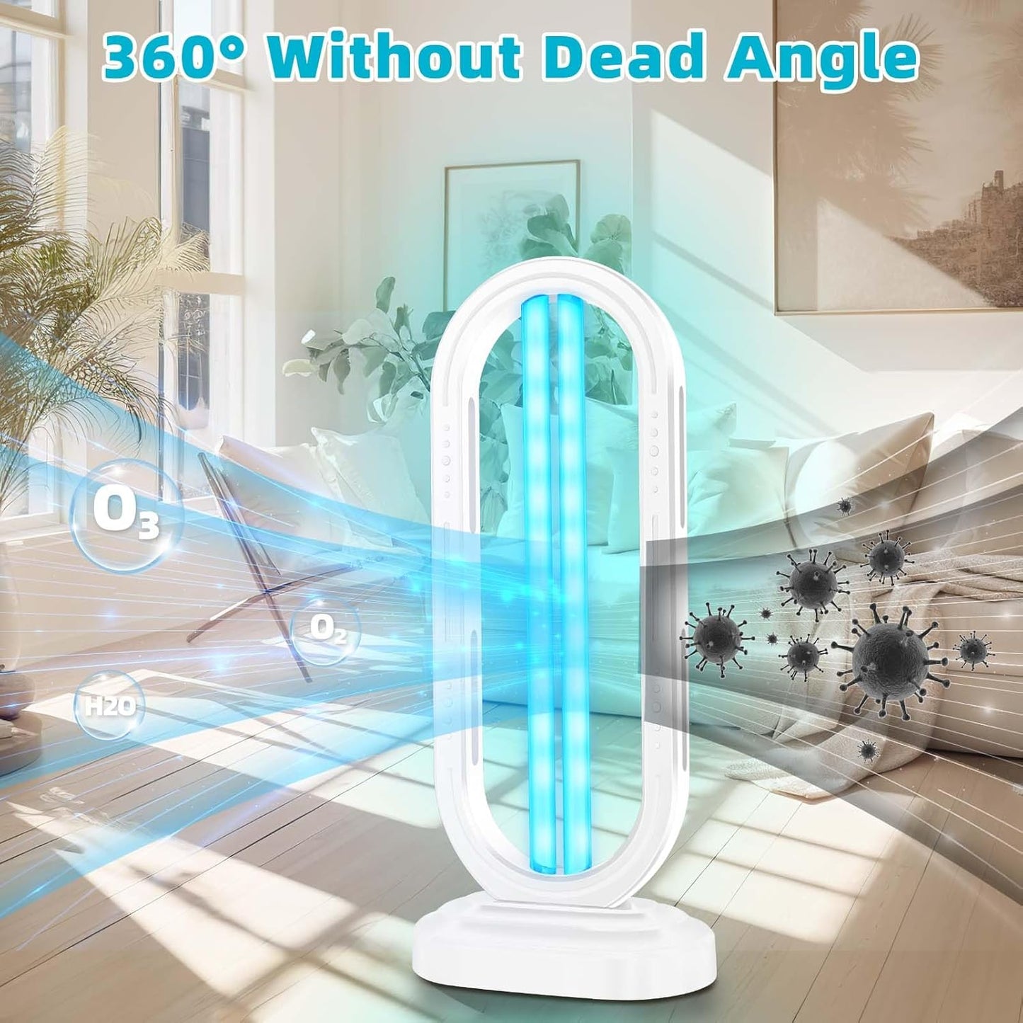 UV Light Sanitizer,4-Speed Timing and Remote Control UVC Home Disinfection Device,Ultraviolet Light Sanitizer for Dust Mites,UV Lamp for Whole Room,White