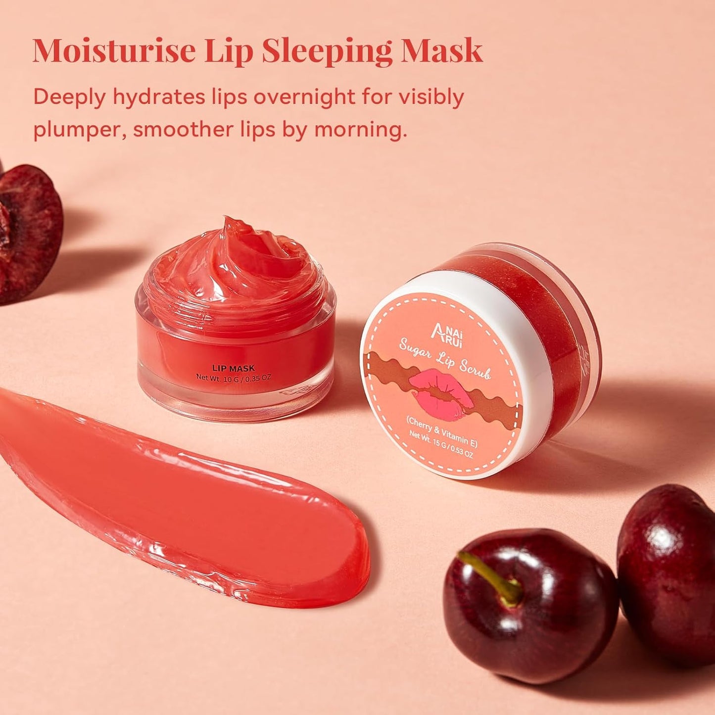 ANAI RUI Cherry Lip Scrub & Lip Mask Set, Vitamin E, Hyaluronic Acid & Shea Butter, Lip Scrubber Exfoliator,Hydrating Lip Mask Overnight, Sugar Scrub for Dry Chapped Lips, Stocking Stuffers for Women
