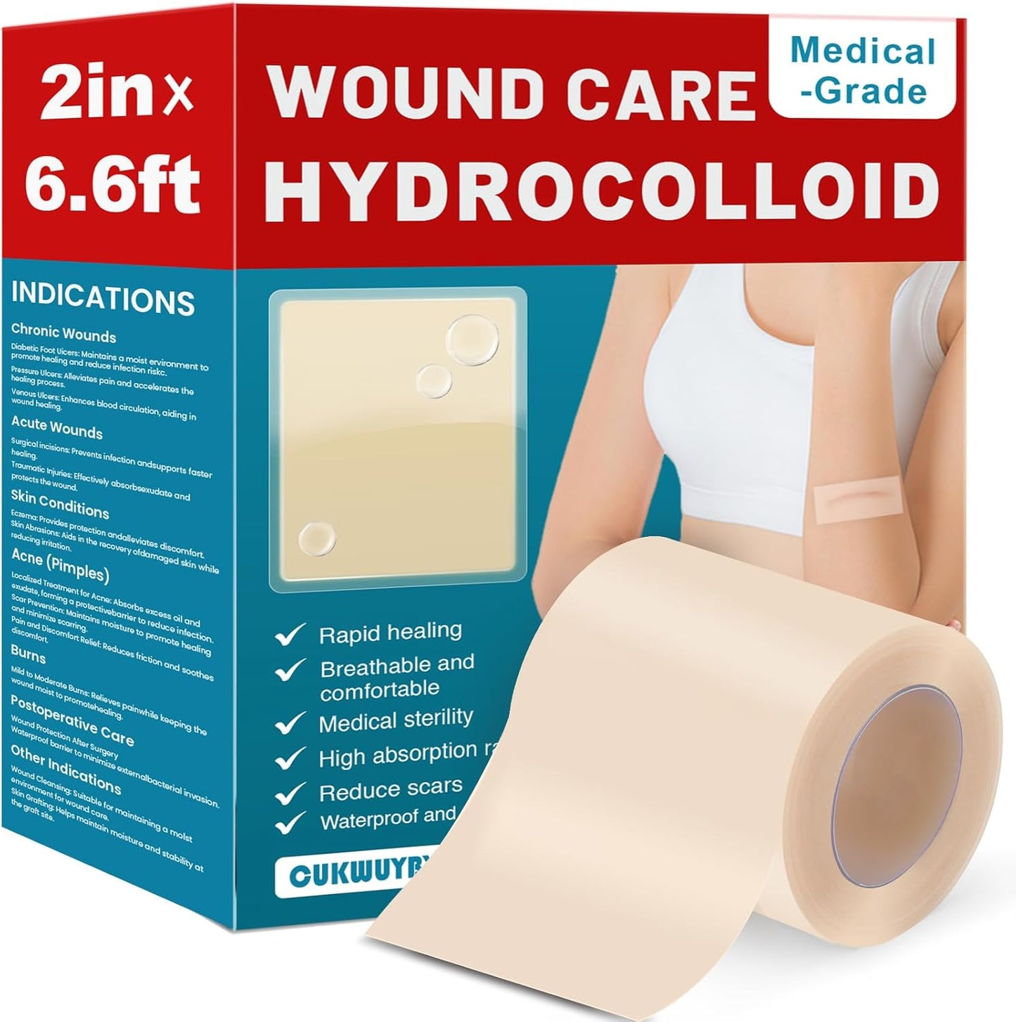 WUYUAN Hydrocolloid Roll for Wound Care, 2in*6.6ft Hydrocolloid Bandages with Self-Adhesive, Extra Large Hydrocolloid Patch Bandages Cut-to-Size, Ultra Absorbent, Waterproof