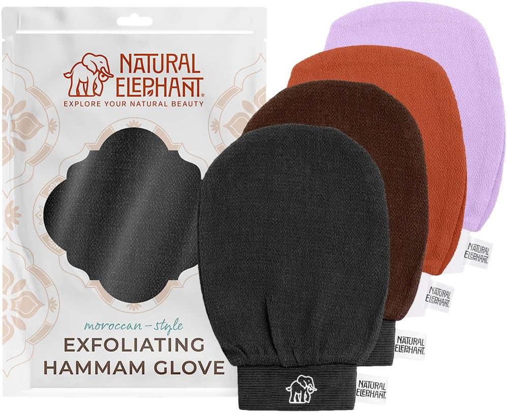 Natural Elephant Exfoliating Kessa Glove - Face and Body Exfoliator Hammam Mitt (Black, Brown, Orange and Teal (Pack of 4))