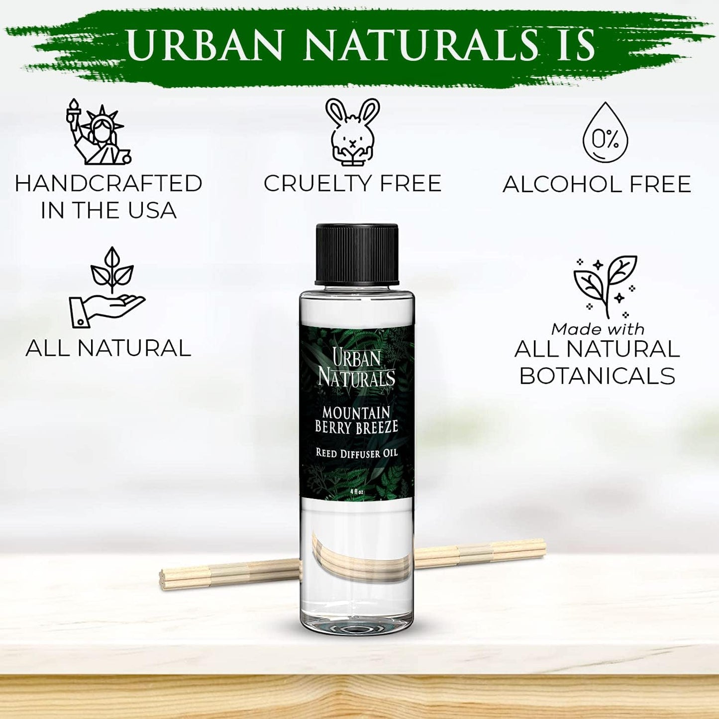 Urban Naturals Reed Diffuser Oil Refill, Mountain Berry Breeze Diffuser Oils with Juniper, Jasmine, Apple, 4 oz + Free Reed Sticks, Made in The USA