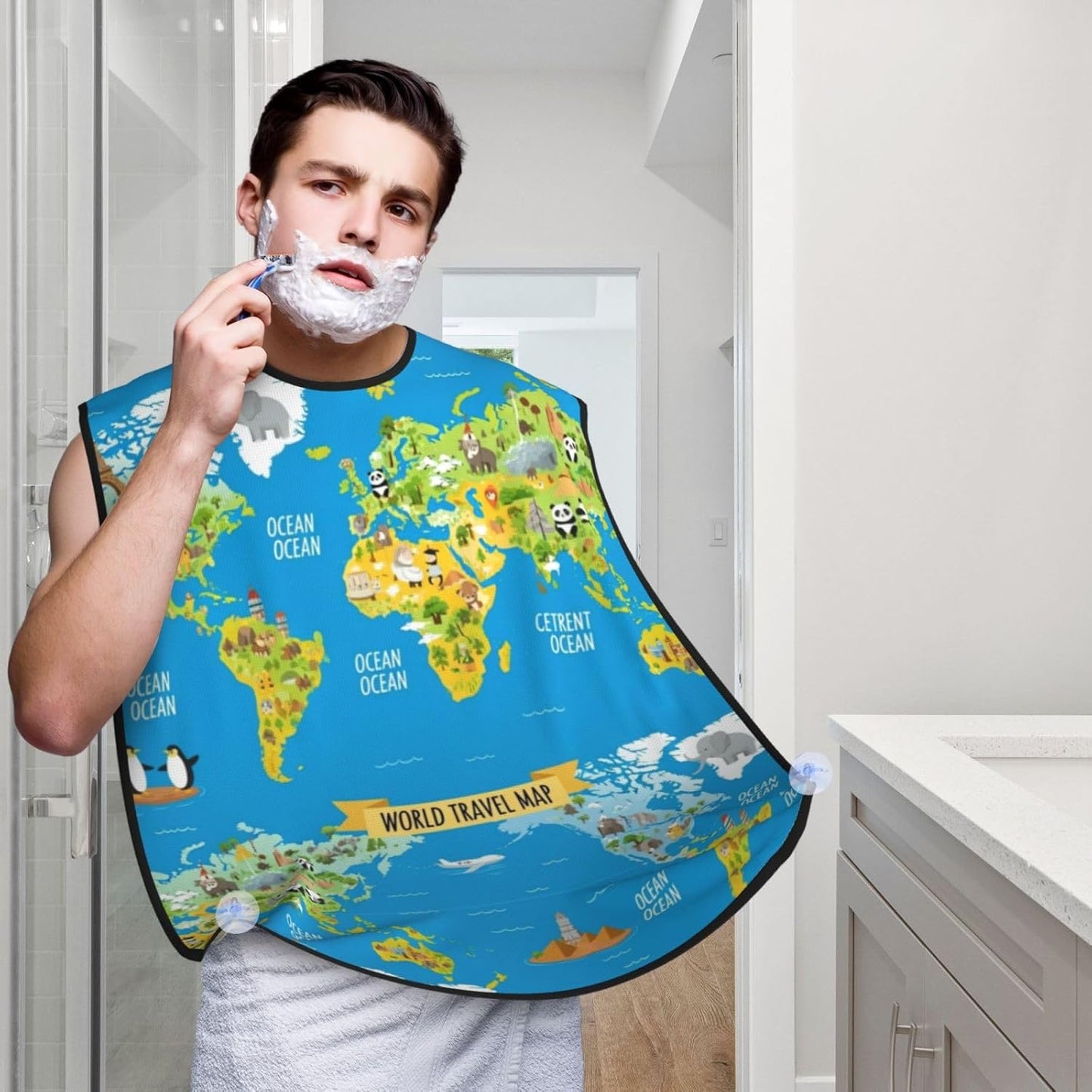 Beard Trimming Catcher Apron, Waterproof Non-Stick Grooming Bib for Shaving, Ideal for Men Dad Father’s Day, Animal World Map Shave Bib