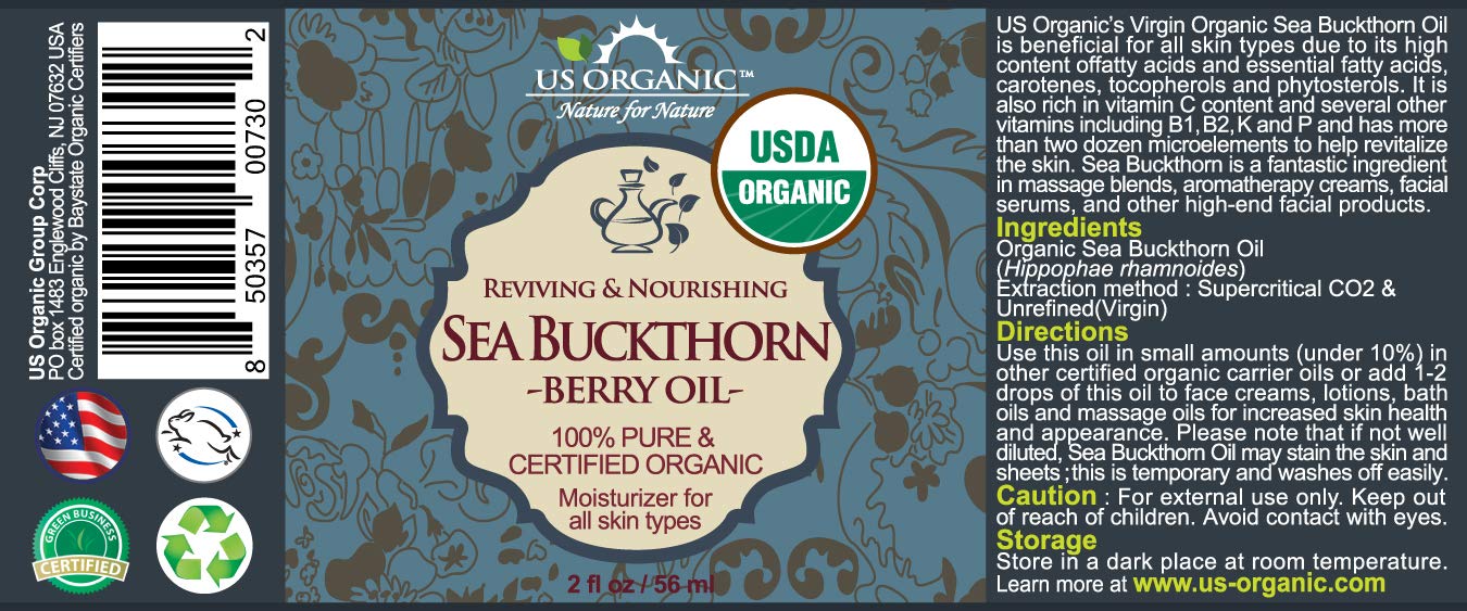 US Organic Sea Buckthorn Berry (Fruit) Oil, Supercritical CO2 extracted, USDA Certified Organic,100% Pure Virgin, Unrefined in Amber Glass Bottle, Face, Hair, spot Treatment, Anti Aging, 2 oz (56 ml)