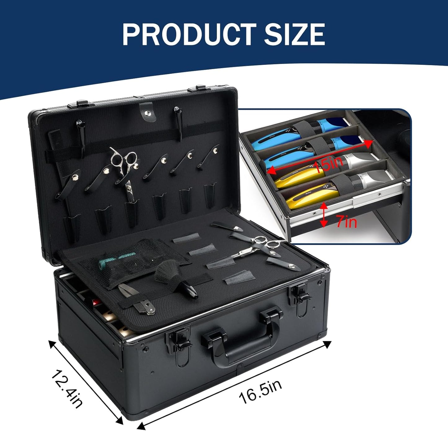 MoyRetty Professional Barber Case, Barber Suitcase 6 Clipper Slots & 8 Shear Holders, 17.13" Portable Aluminum Organizer for Hair Stylists & Pet Groomers-Black