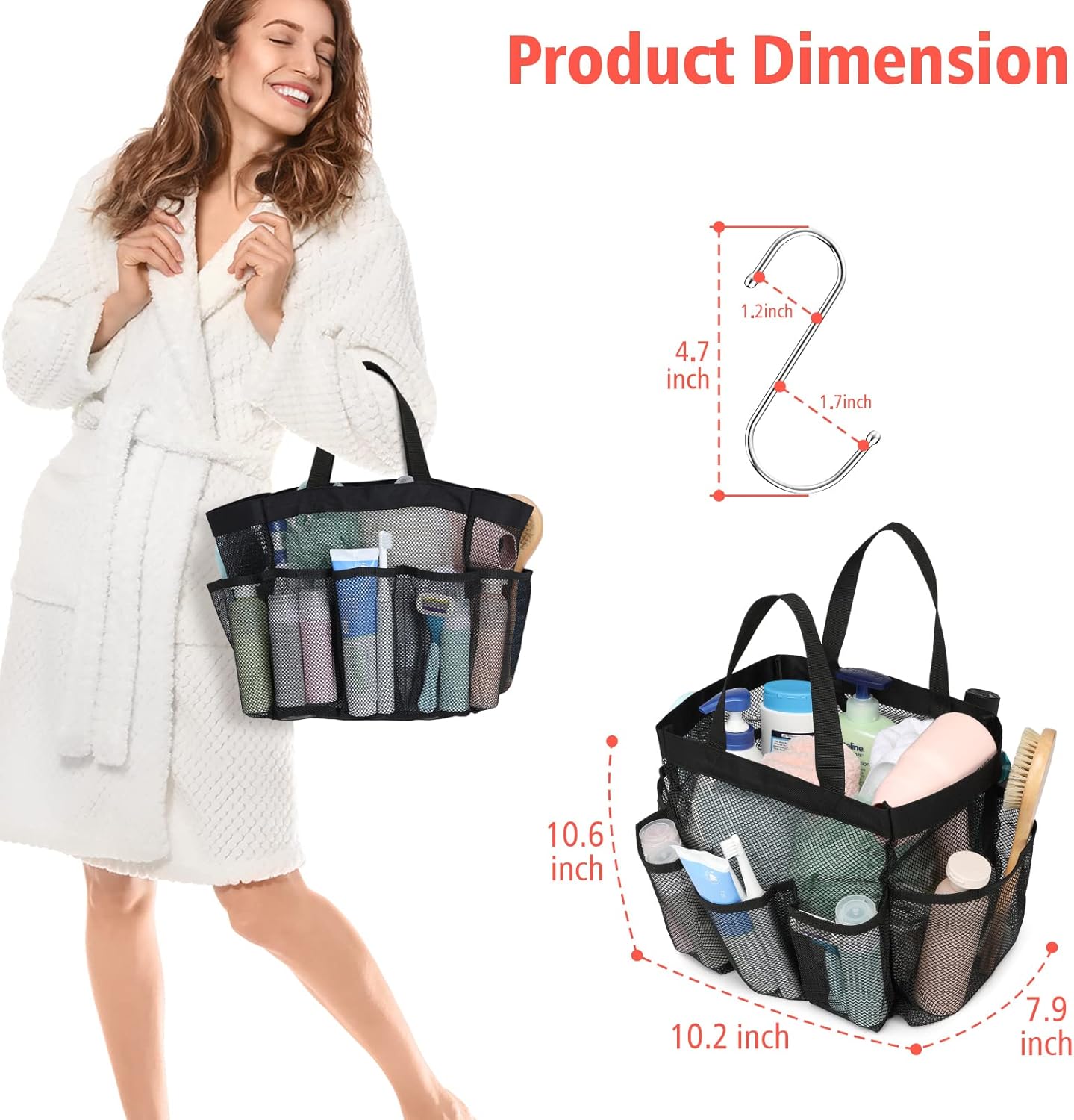 F-color Mesh Shower Caddy Portable with Dividers - Upgrade Deeper 7 Pockets Dorm Room Essentials with S Hook, Shower Bag Basket Tote for Guys Girls College Camping Toiletry Bathroom, Black