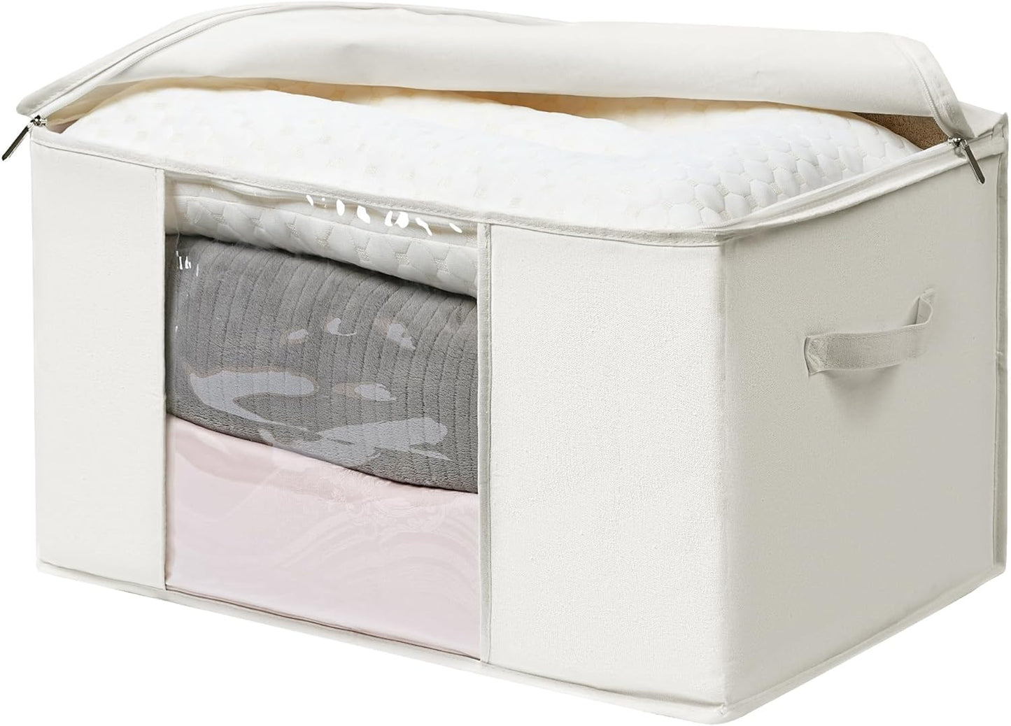 TYEERS Large Storage Bags with Zipper and Clear Window, Cotton Blended Fabric Storage Containers for Seasonal Clothes and Bedding, 23.6x15.7x13.8 Inches, 2-Pack, Beige