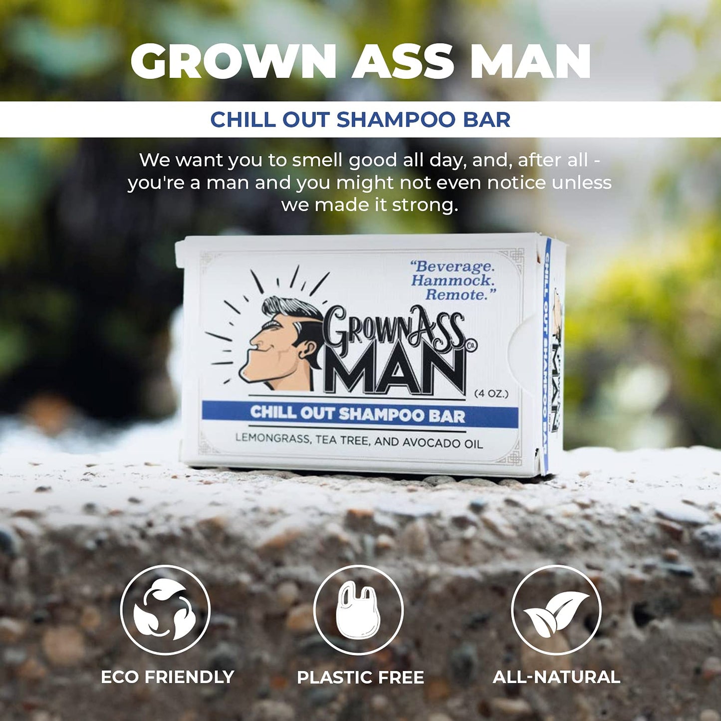Grown Ass Man Co. - Solid Shampoo Bar Rich Lather 3 in 1: Hair, Beard & Body Wash - Plastic Free & Eco-Friendly, Natural & Organic Clean for All Hair Types, 4oz Bar (Chill Out, Single)