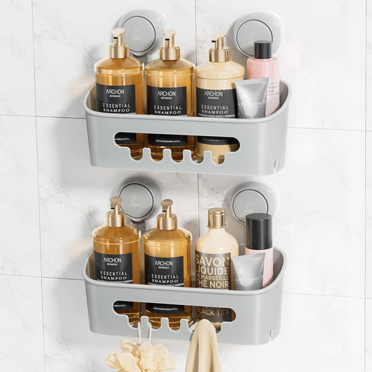 LEVERLOC Shower Caddy Suction Cup 2 Pack, Shower Organizer Removable Bathroom Shelf, Storage Suction Powerful Max Hold 22lbs Bathroom Caddy Waterproof Holder, Gray