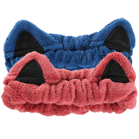 2 Pcs Cat Ears Headband, Cute Spa Headbands for Washing Face Skincare Makeup Headbands for Women Girls Trendy Stuff Present Soft Coral Fleece Hair Accessories(Blue Red)
