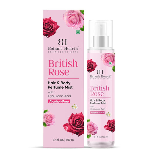 Botanic Hearth British Rose Hair & Body Perfume Mist with Hyaluronic Acid, Alcohol-Free, Refreshing & Hydrating Body Spray, Long Lasting Floral Fragrance, 100 ml / 3.4 fl oz