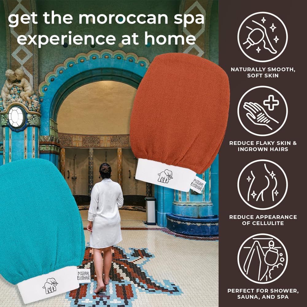 Natural Elephant Exfoliating Hammam Glove | Authentic Moroccan Kessa Body Scrub Mitt for Spa-Quality Skin Renewal | Burnt Orange 2 Pack