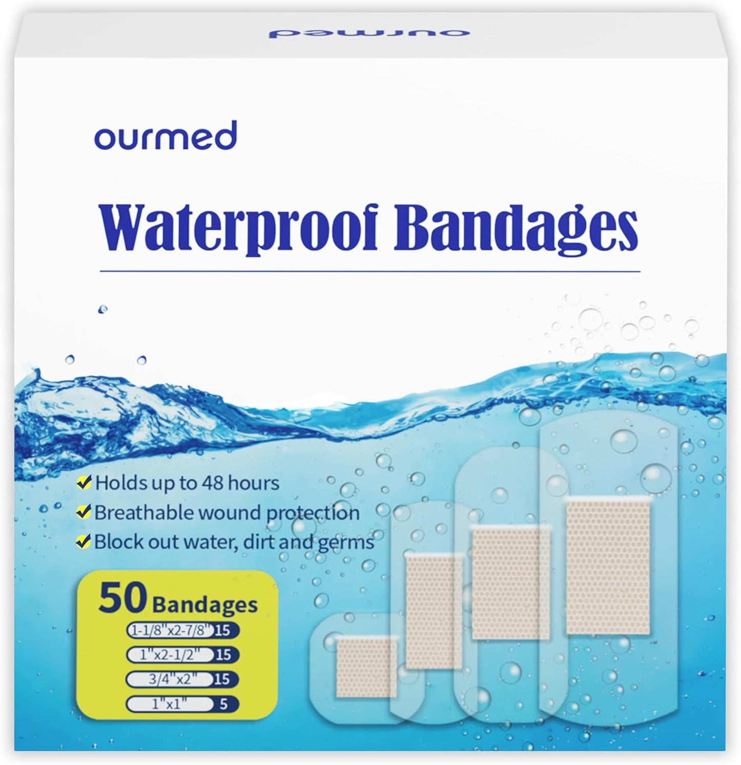 Waterproof Bandages, Clear Adhesive Bandages for First-Aid, Wound Care, Fingers, Knees and Heels, Stays on Skin in The Bath, Shower or Pool, Assorted Sizes, 50 Count