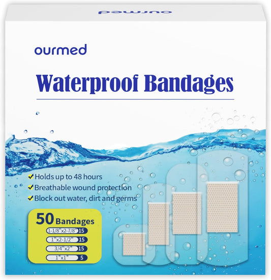 Waterproof Bandages, Clear Adhesive Bandages for First-Aid, Wound Care, Fingers, Knees and Heels, Stays on Skin in The Bath, Shower or Pool, Assorted Sizes, 50 Count