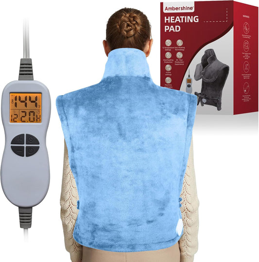 Ambershine 26"x35" XXXL King Size Neck& Shoulder& Back Heating Pad with 12 Temperature Settings& 4 Auto-Off Countdown Timers, Pain Relief for Back/Neck/Shoulder, Christmas gift for mom dad(Light Blue)