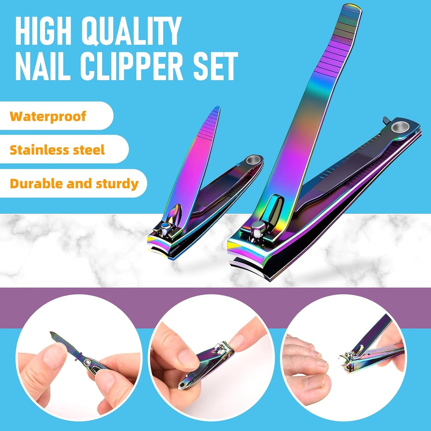 Nail Clipper Set, Sturdy Stainless Steel Fingernails & Toenails Clippers & Nail File, Sharp Effortless Fingernail Toenail Trimmer, Portable Nail Cutter for Women Men（Rainbow）