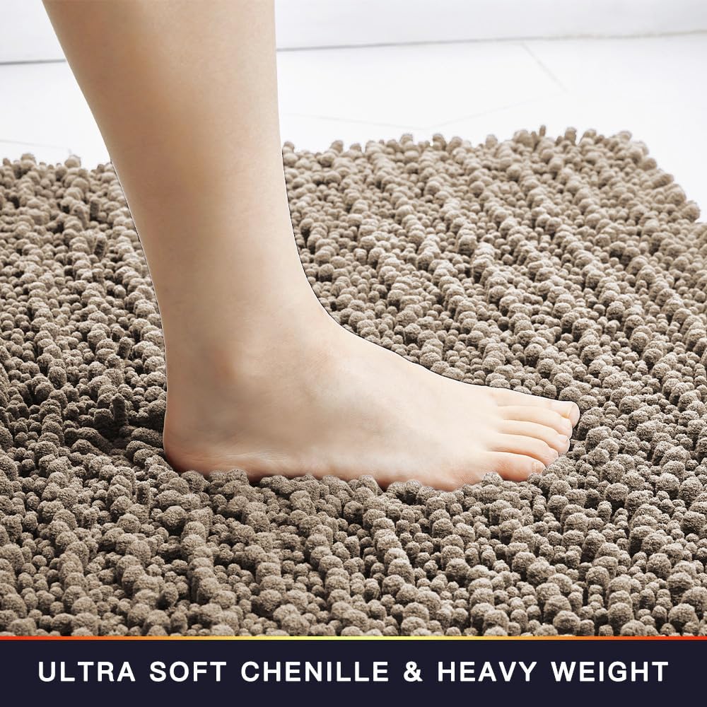 Walensee Bathroom Rug Non Slip Bath Mat (32x20 Inch Taupe) Water Absorbent Super Soft Shaggy Chenille Machine Washable Dry Extra Thick Perfect Absorbant Best Large Plush Carpet for Shower Floor