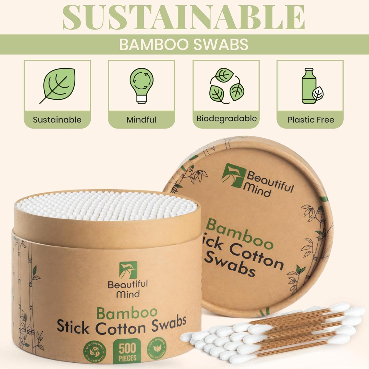 Natural Bamboo Cotton Swabs for Ears – 500 Pack – Qtips with Carbonized Bamboo for Durability – Eco-Friendly, Biodegradable & Vegan – 100% Cotton Ear Swabs for Makeup (Cylinder Box)