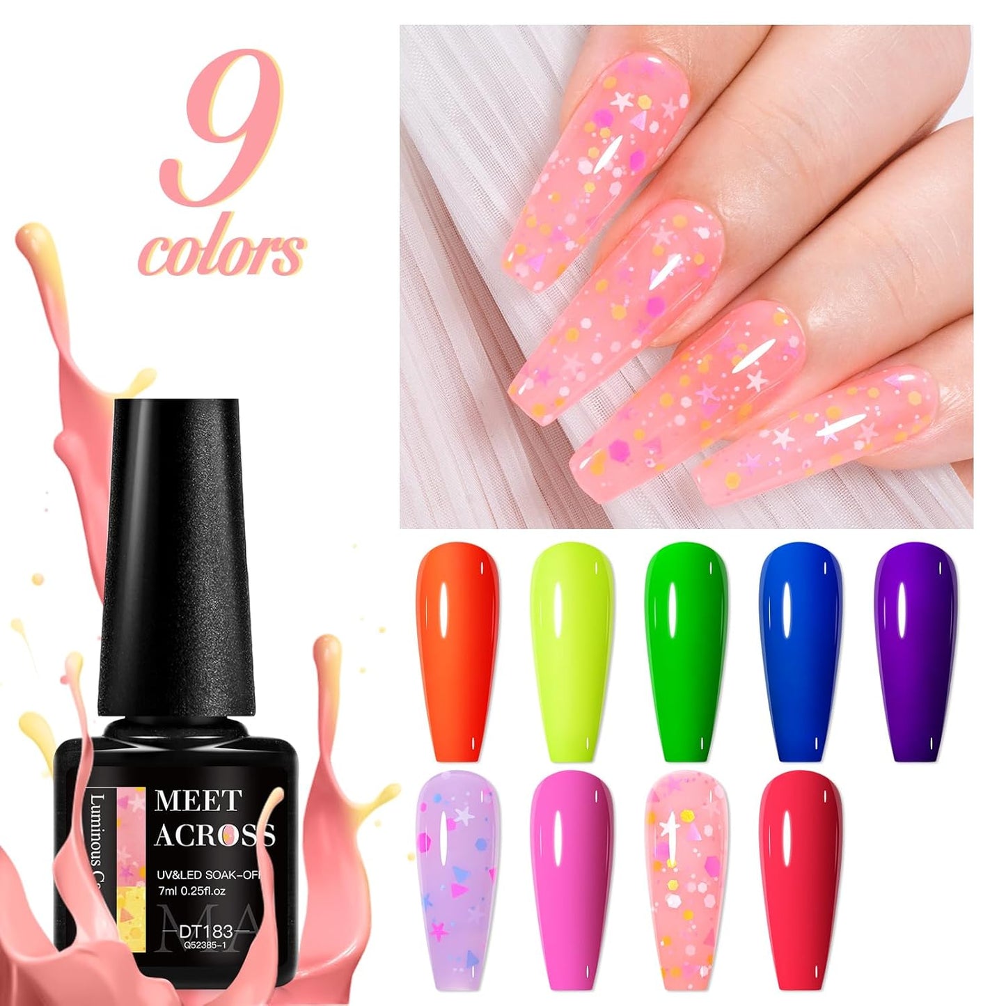 MEET ACROSS 9 Colors Gel Nail Polish + 3PCS Function Gel Nail Polish Kit,Fashion Nail Art Set Design Gifts for Women Manicure Salon (SET14, 12pcs)