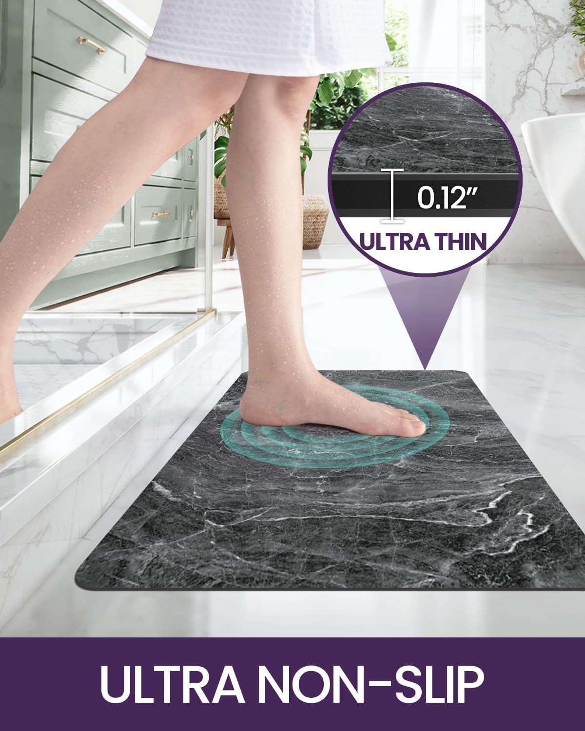 DEXI Bath Mat 17x32, Non Slip Quick Dry Rugs, Super Absorbent Ultra Thin Marble Bathmat, Washable Rubber Mats for Shower Floor, in Front of Bathtub, Sink, Bathroom Accessories Decor, Dark Grey