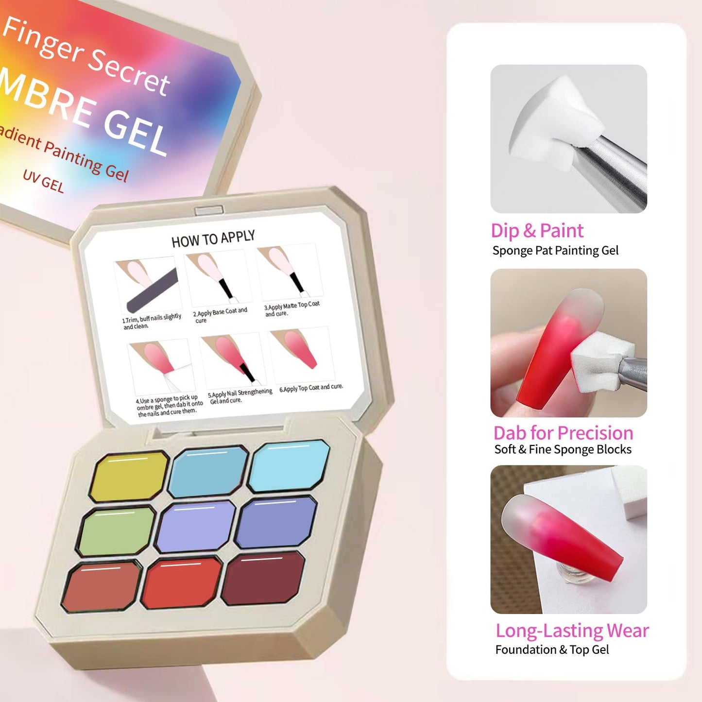 Ombre Gel Glitter Set Nails Gradient Design 9 Colors With 100pPCS Nail Sponges & Grabbing Pen High Color Rendering And Quick Drying Ombre Nails Polish Art Nail Supplies (9)