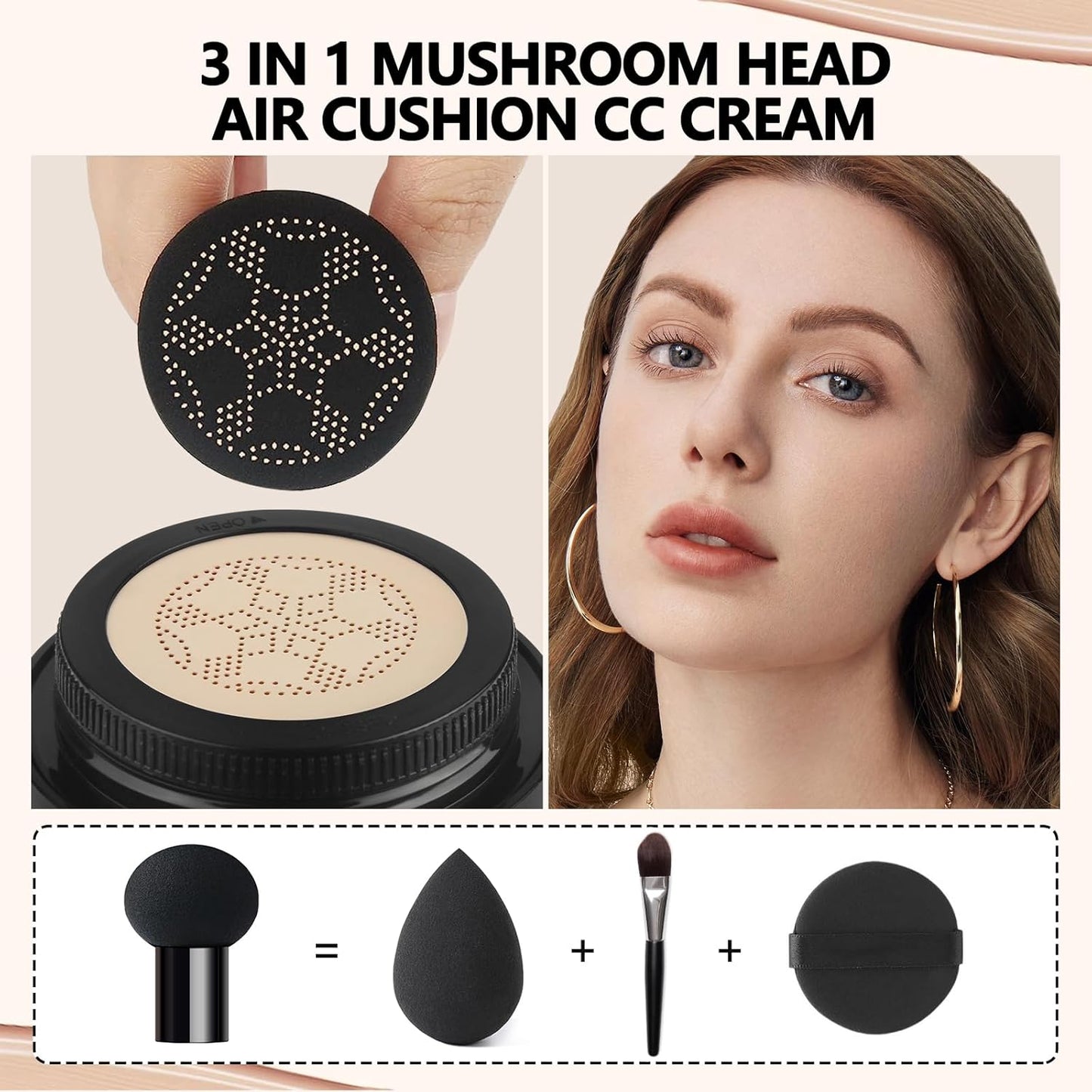 Mushroom Head Air Cushion CC Cream Full Coverage,Face Makeup Cushion Foundation Long Lasting,BB Cream Even Skin Tone for Oily & Combination Types (#01 Porcelain)