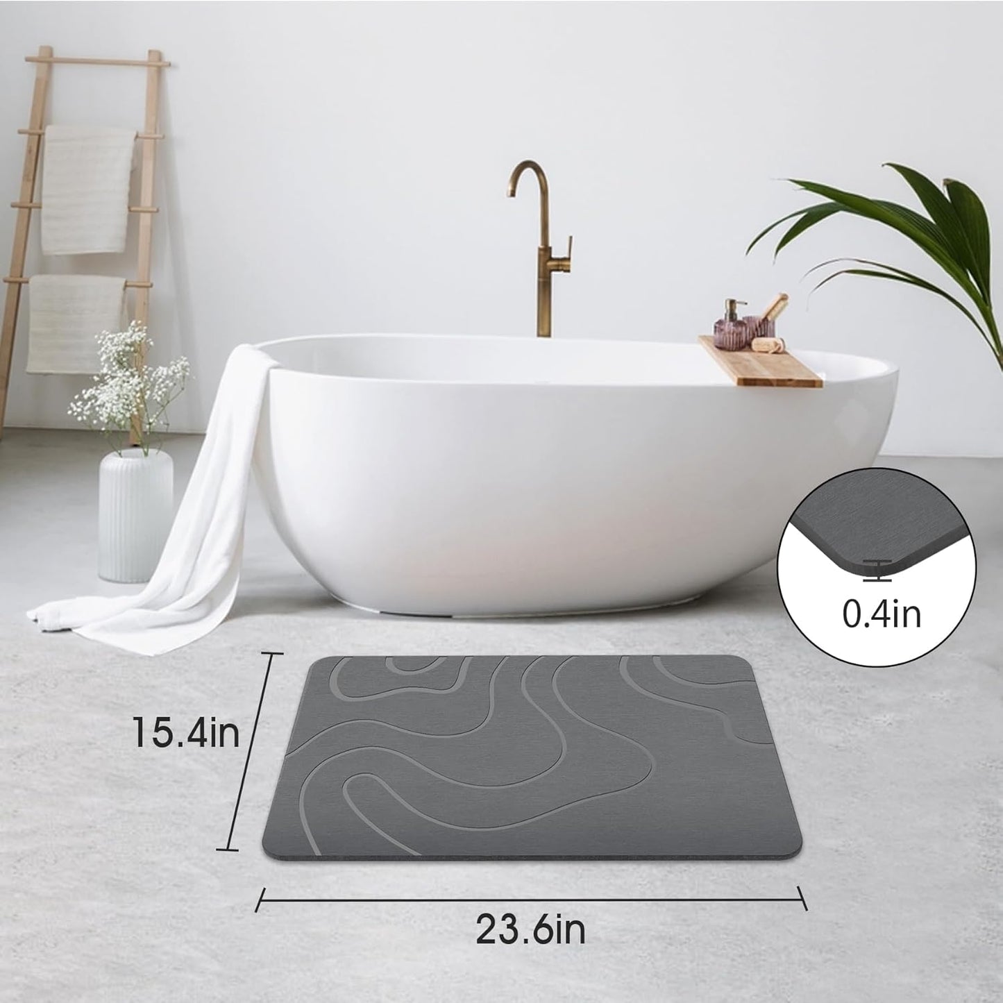 Stone Bath Mat Diatomaceous Earth Shower Mat Non-Slip Super Absorbent Diatomite Stone Mats for Bathroom Floor Quick-Drying Easy to Clean (24''*16'' Grey)