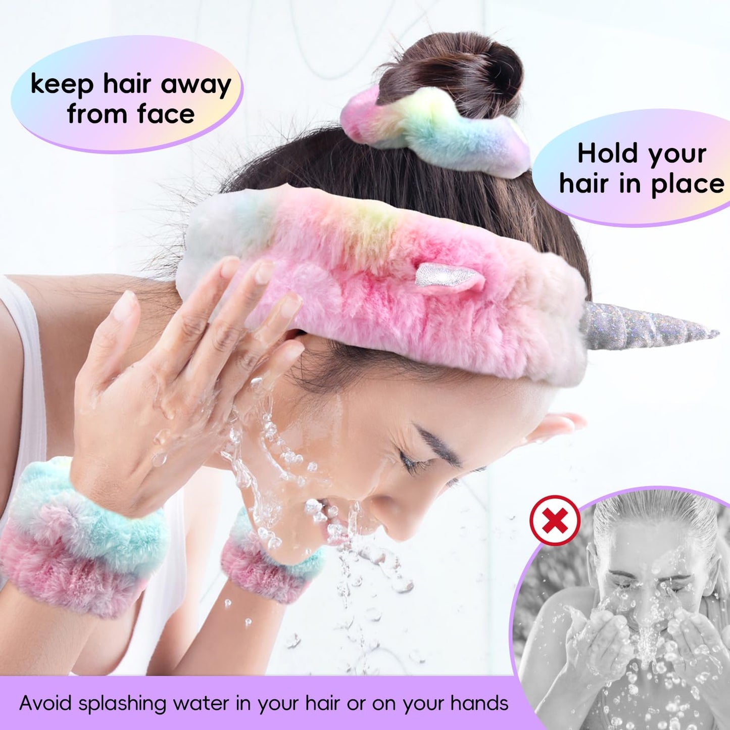 Face Wash Headband Set With Wrist Bands and Hair Scrunchie - Cute Rainbow Elastic Spa Hair Bands for Washing Face, Makeup, Skincare