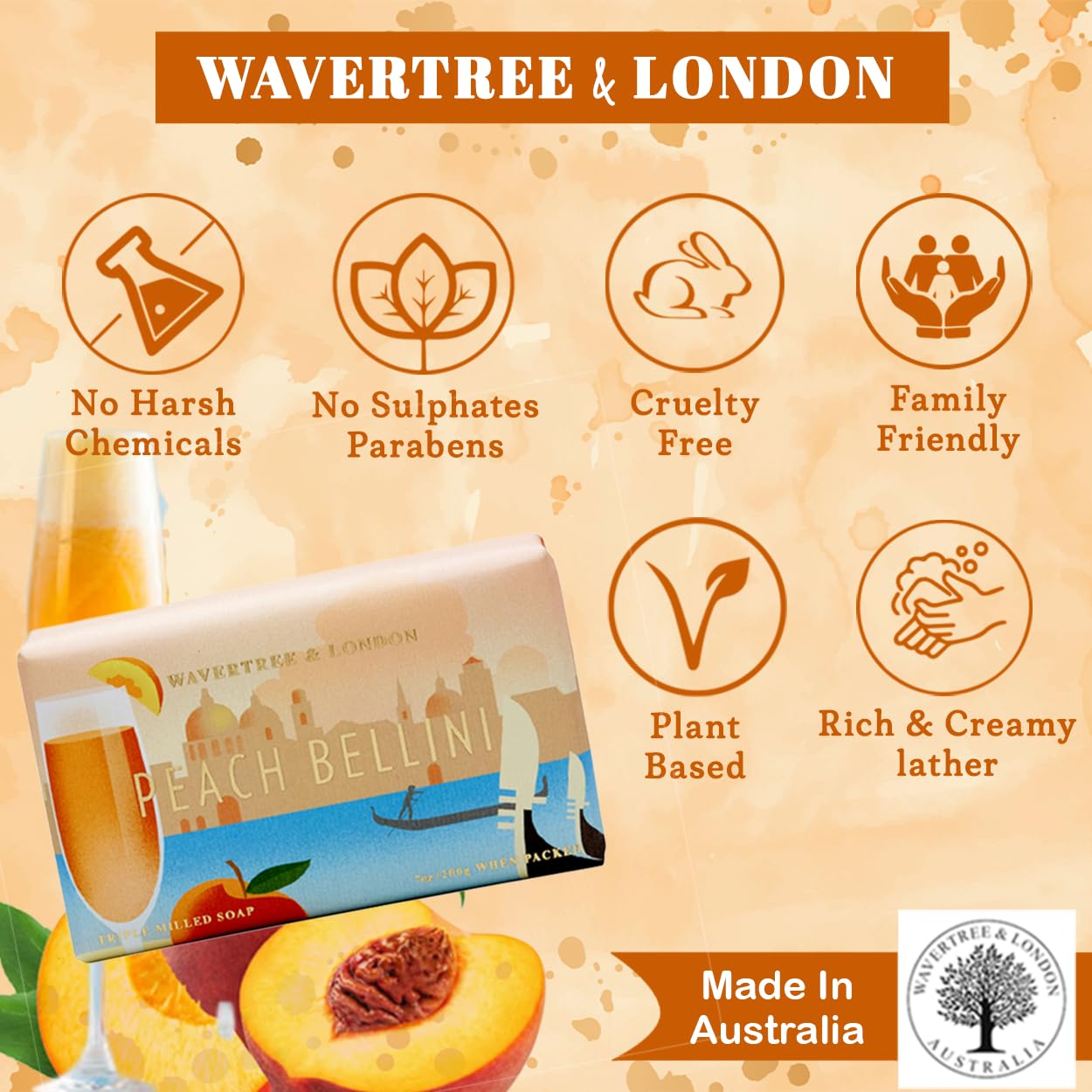 Wavertree & London Peach Bellini Scented Natural Soap (8 Bars), 7oz Moisturizing French Triple Milled Soap Bars enriched with shea butter - Pure Plant Oil Bath & Body Bars for All Skin Types