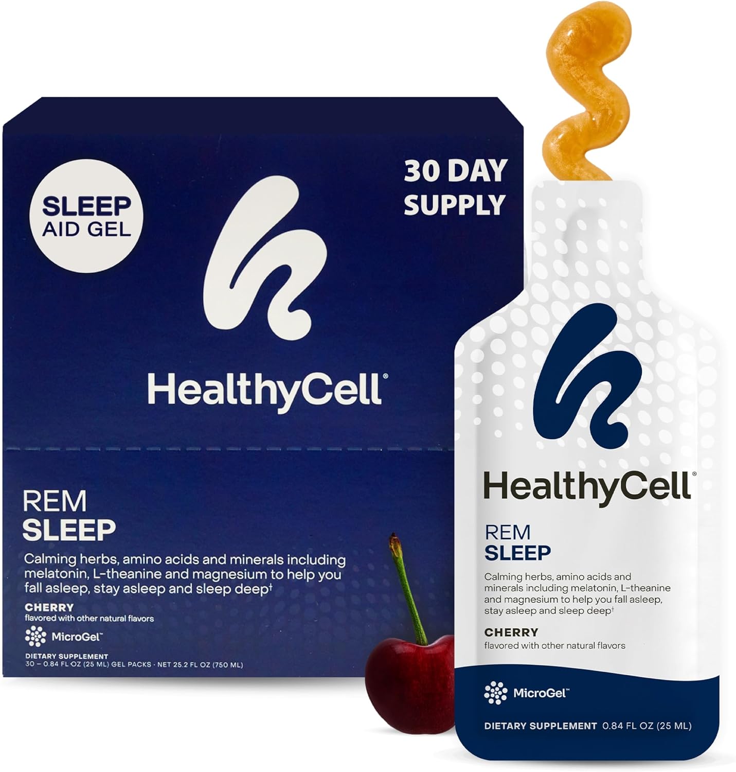 Healthycell REM Sleep Aid Supplement for Adults - Liquid Gel Extra Strength Sleep Supplement with Melatonin, Magnesium, L-Theanine, GABA & Natural Calming Herbs - 30 Gel Packs, Cherry Flavored