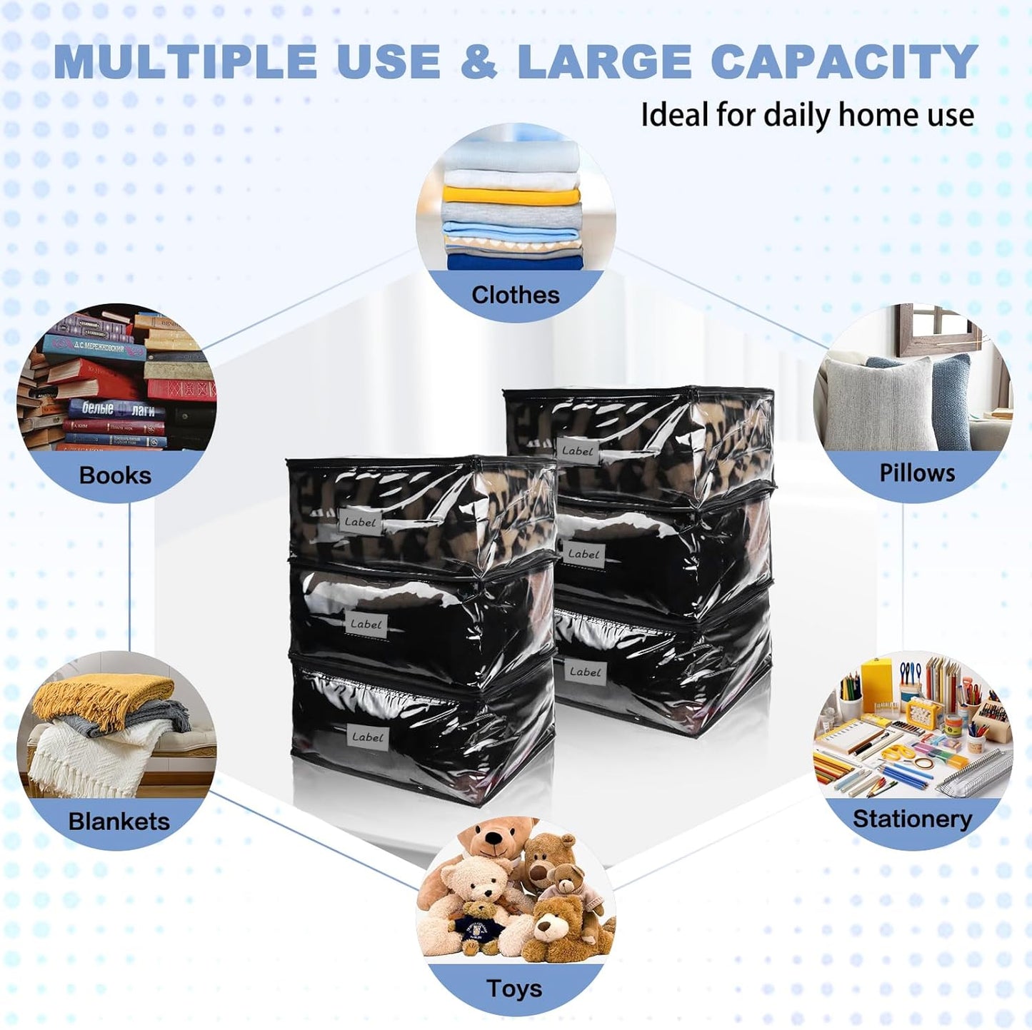 Clear Zippered Storage Bags Plastic Sweater Storage Bags with Zipper 6 Packs Clothing Organizer for Blankets Linen Sweater Bed Sheet Quilt Clothes Pillow (18 x 15 x 9 Inch, Black)